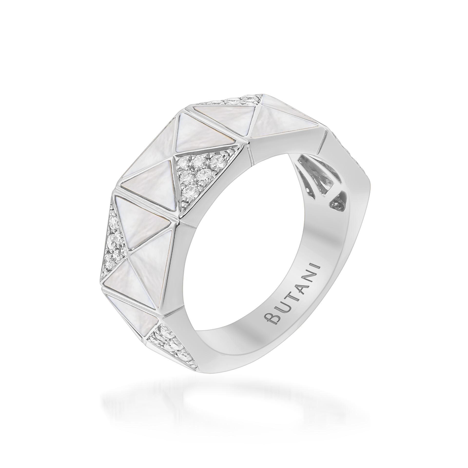 Deco Edge Ring with White Mother of Pearl & Diamonds In 18K White Gold