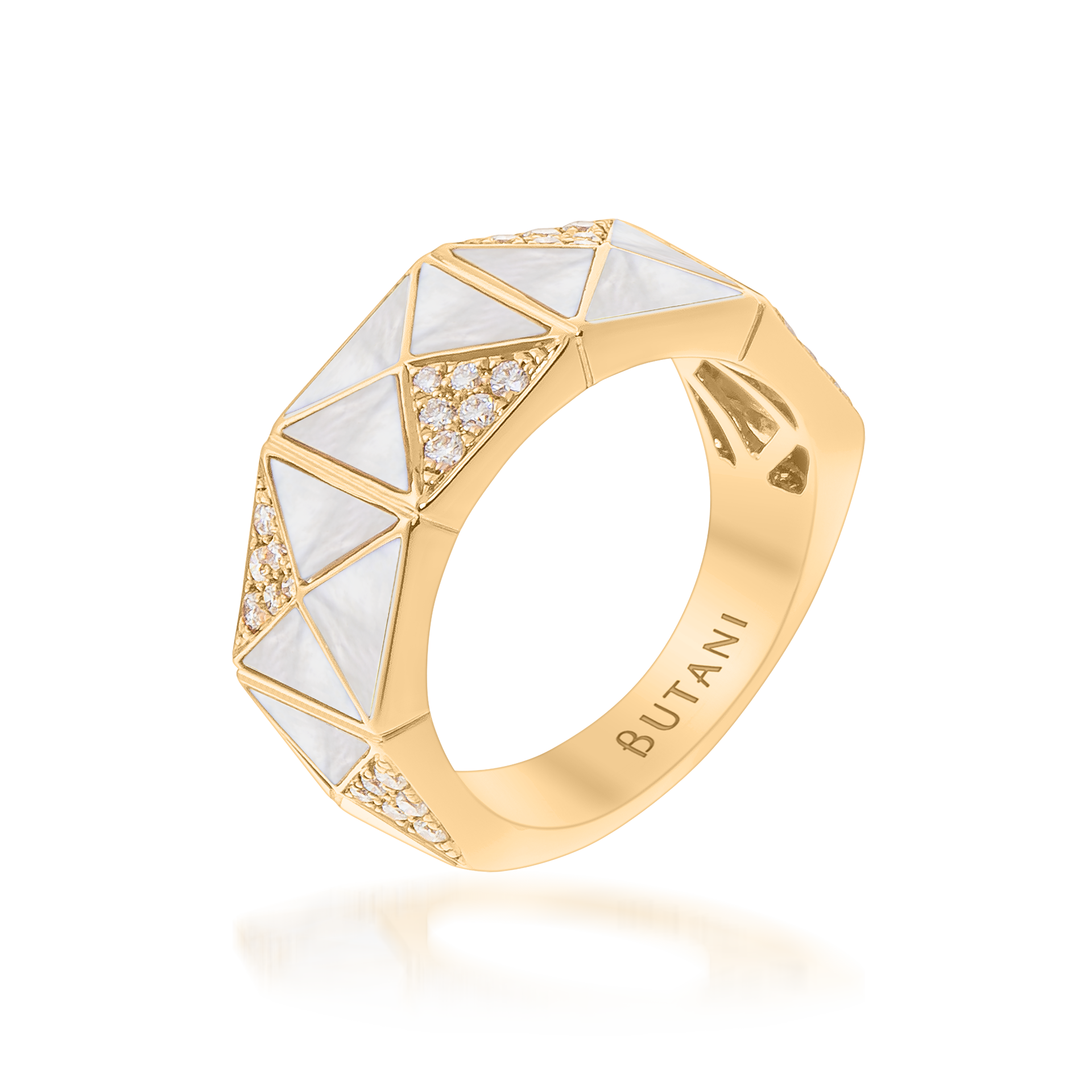 Deco Edge Ring with White Mother of Pearl & Diamonds In 18K Yellow Gold