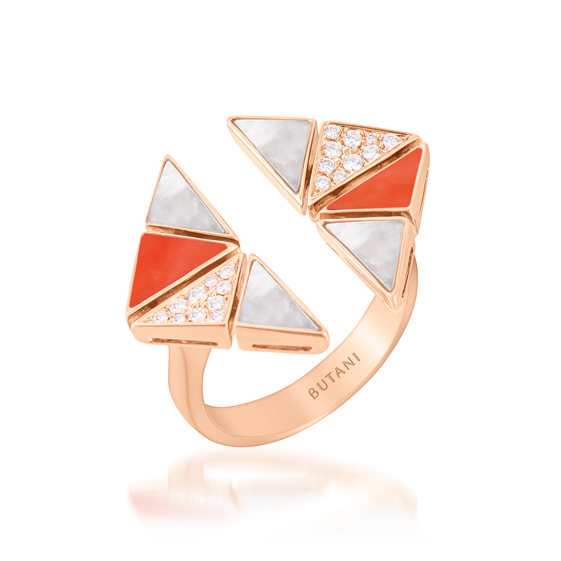 Deco Vertex Ring with Orange Coral, White Mother of Pearl & Diamonds  In 18K Rose Gold