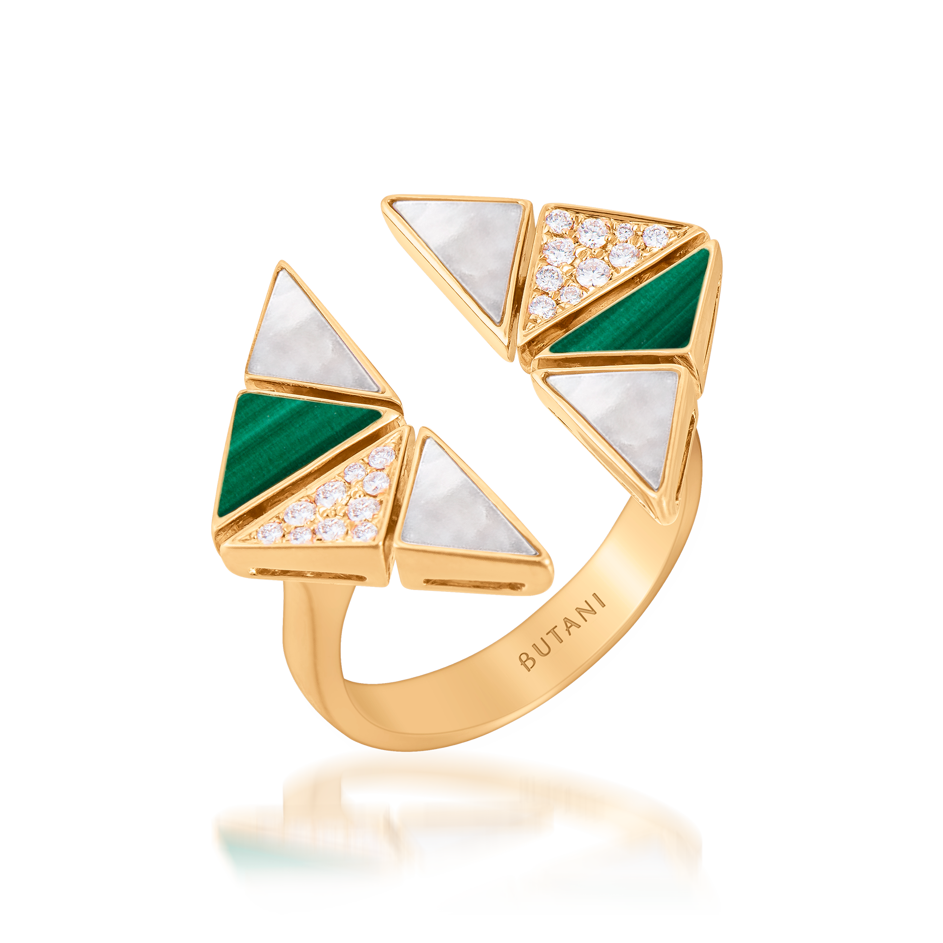 Deco Vertex Ring with Malachite, White Mother of Pearl & Diamonds  In 18K Yellow Gold