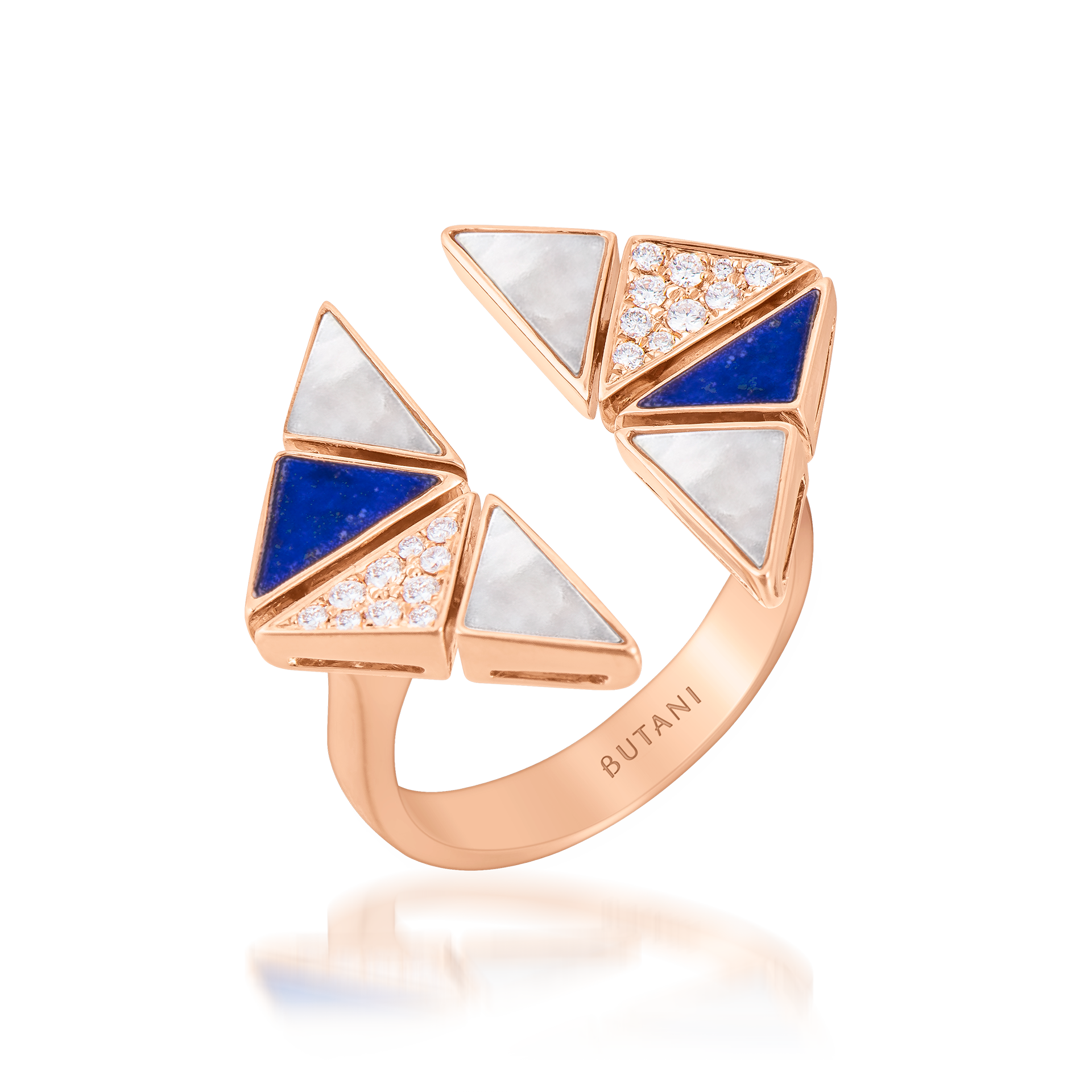 Deco Vertex Ring with Lapis Lazuli, White Mother of Pearl & Diamonds  In 18K Rose Gold