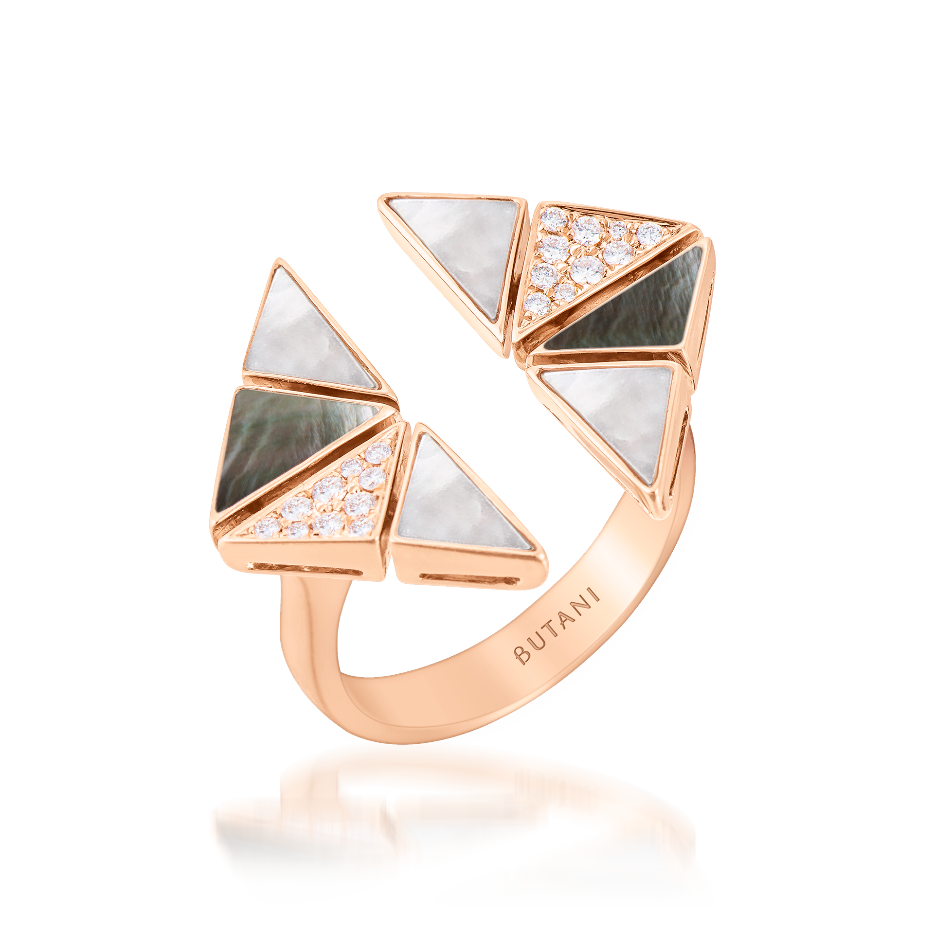 Deco Vertex Ring with Grey Mother of Pearl, White Mother of Pearl & Diamonds  In 18K Rose Gold