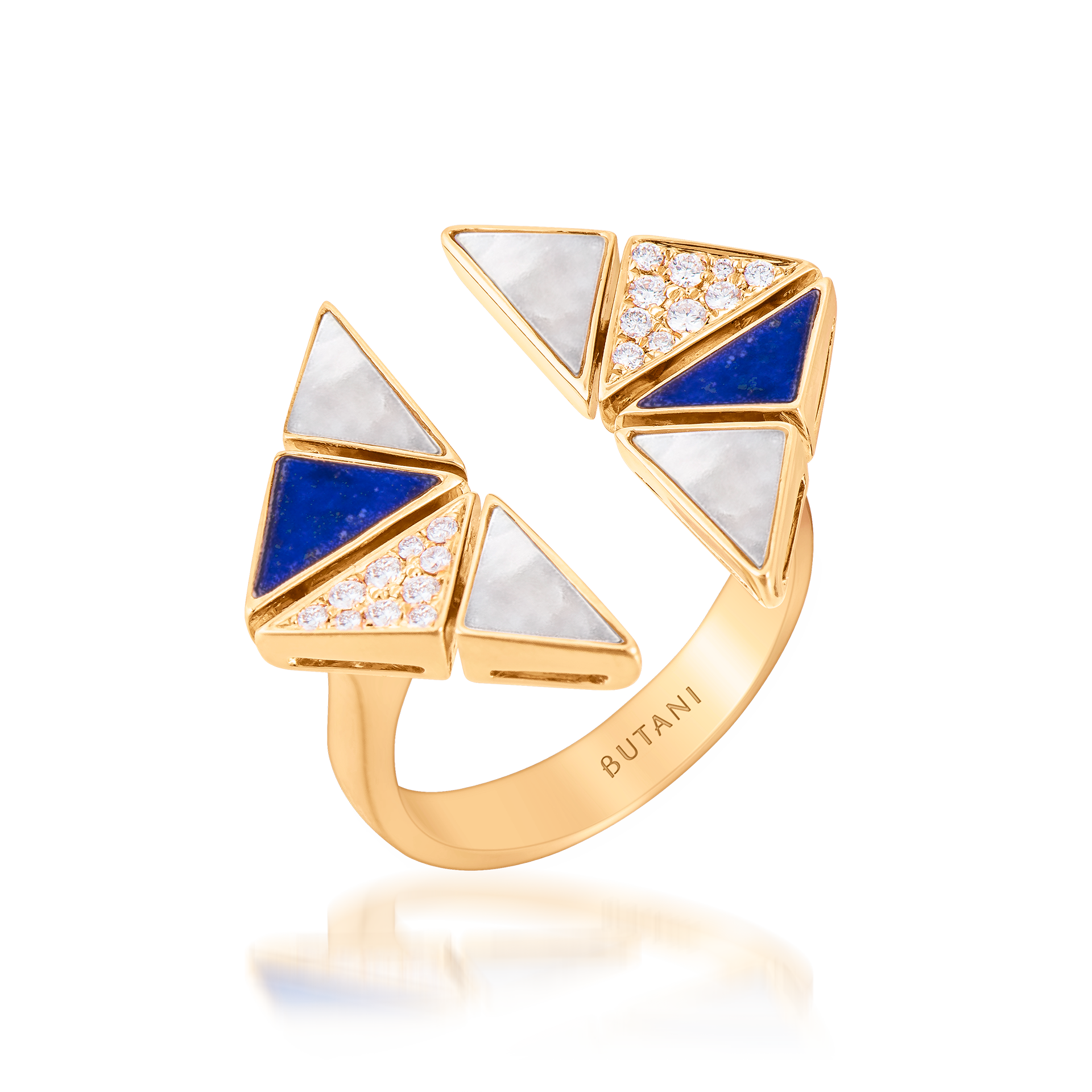 Deco Vertex Ring with Lapis Lazuli, White Mother of Pearl & Diamonds  In 18K Yellow Gold