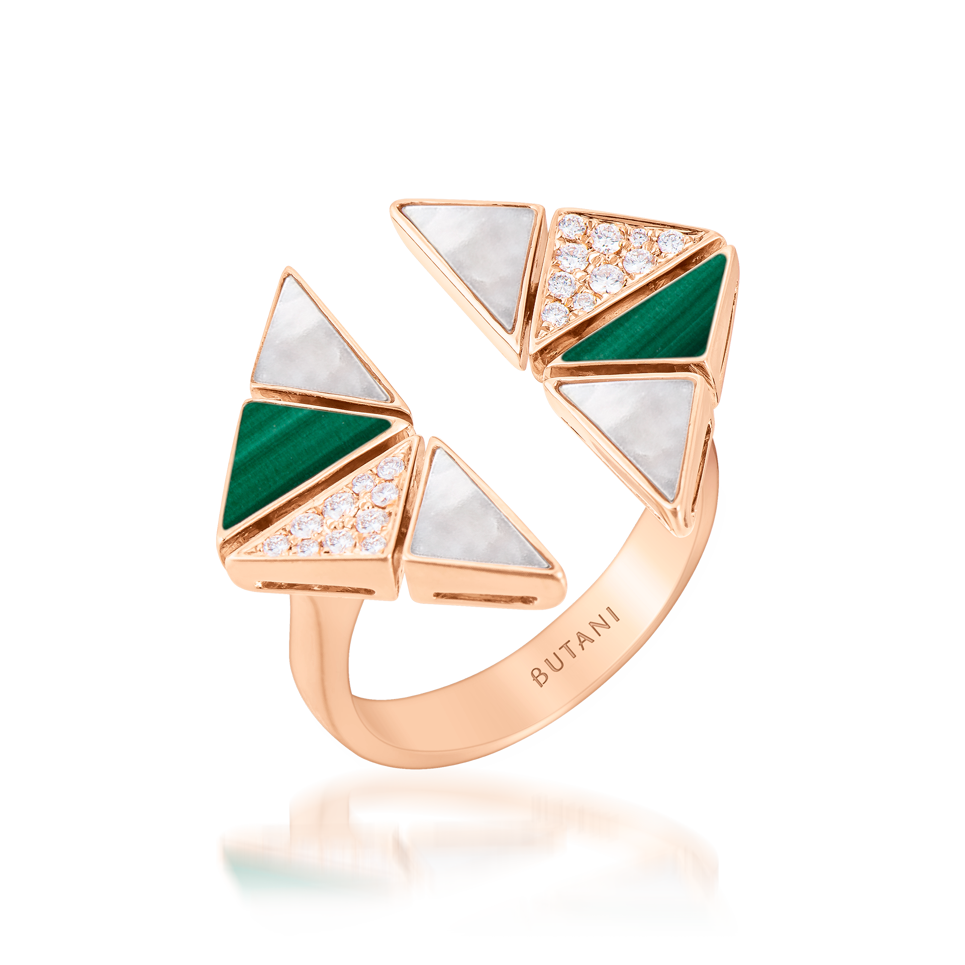 Deco Vertex Ring with Malachite, White Mother of Pearl & Diamonds  In 18K Rose Gold