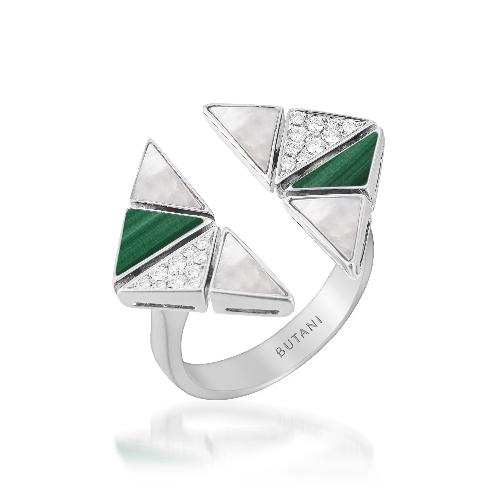 Deco Vertex Ring with Malachite, White Mother of Pearl & Diamonds  In 18K White Gold