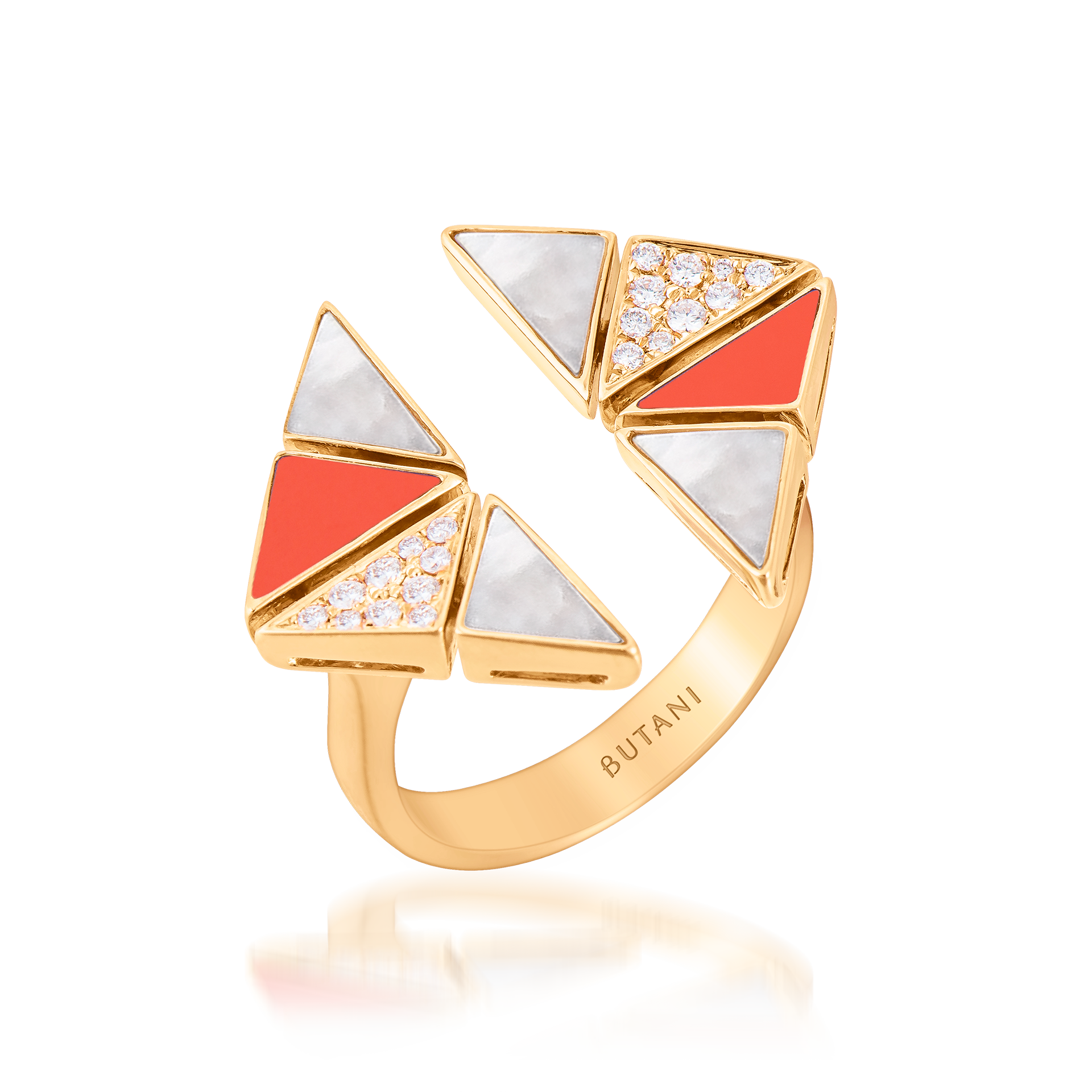 Deco Vertex Ring with Orange Coral, White Mother of Pearl & Diamonds  In 18K Yellow Gold