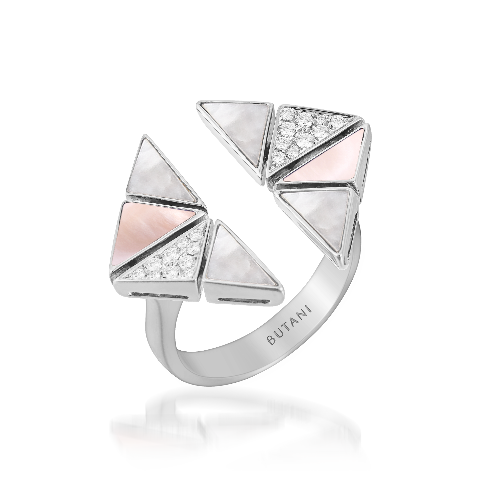 Deco Vertex Ring with Pink Mother of Pearl, White Mother of Pearl & Diamonds  In 18K White Gold
