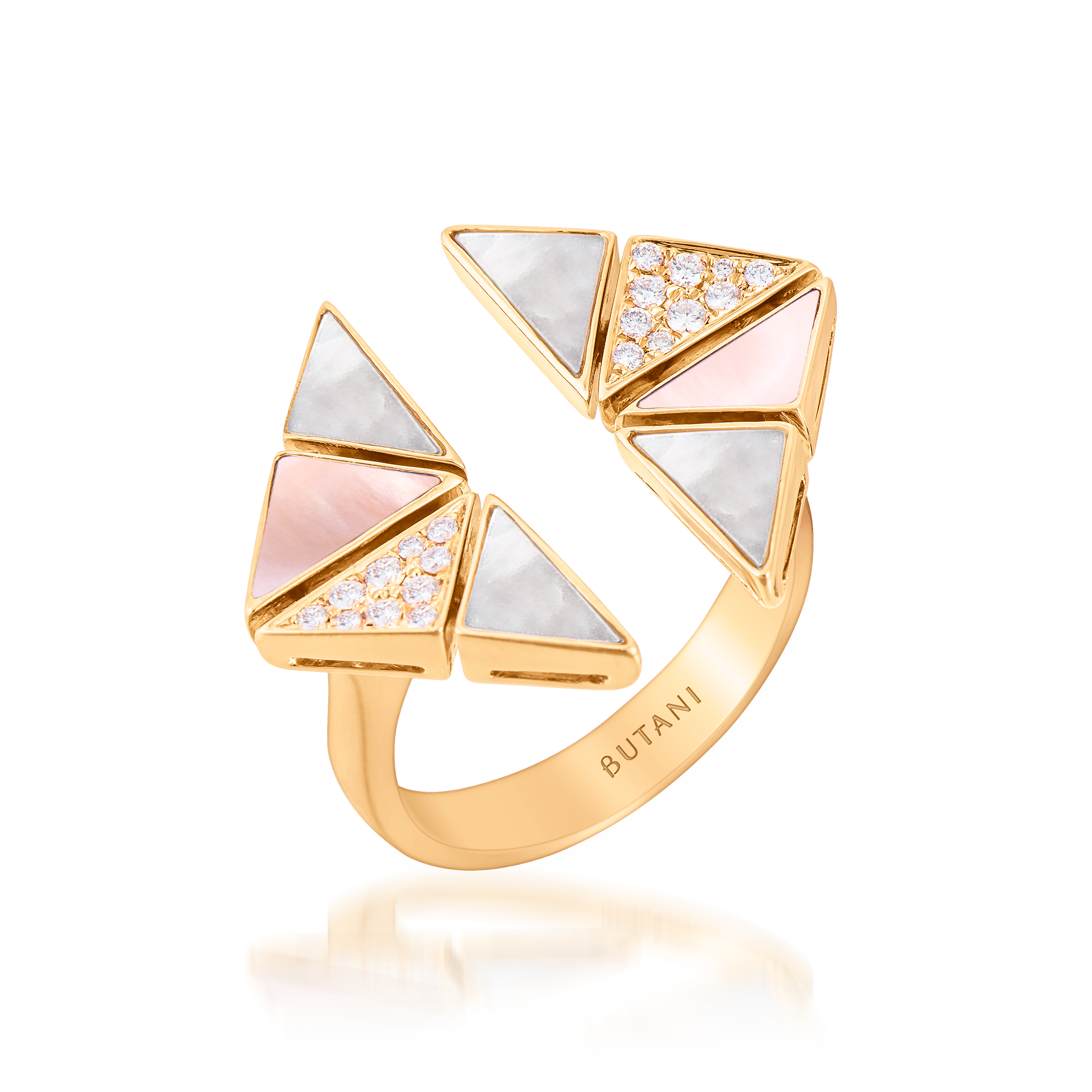 Deco Vertex Ring with Pink Mother of Pearl, White Mother of Pearl & Diamonds  In 18K Yellow Gold