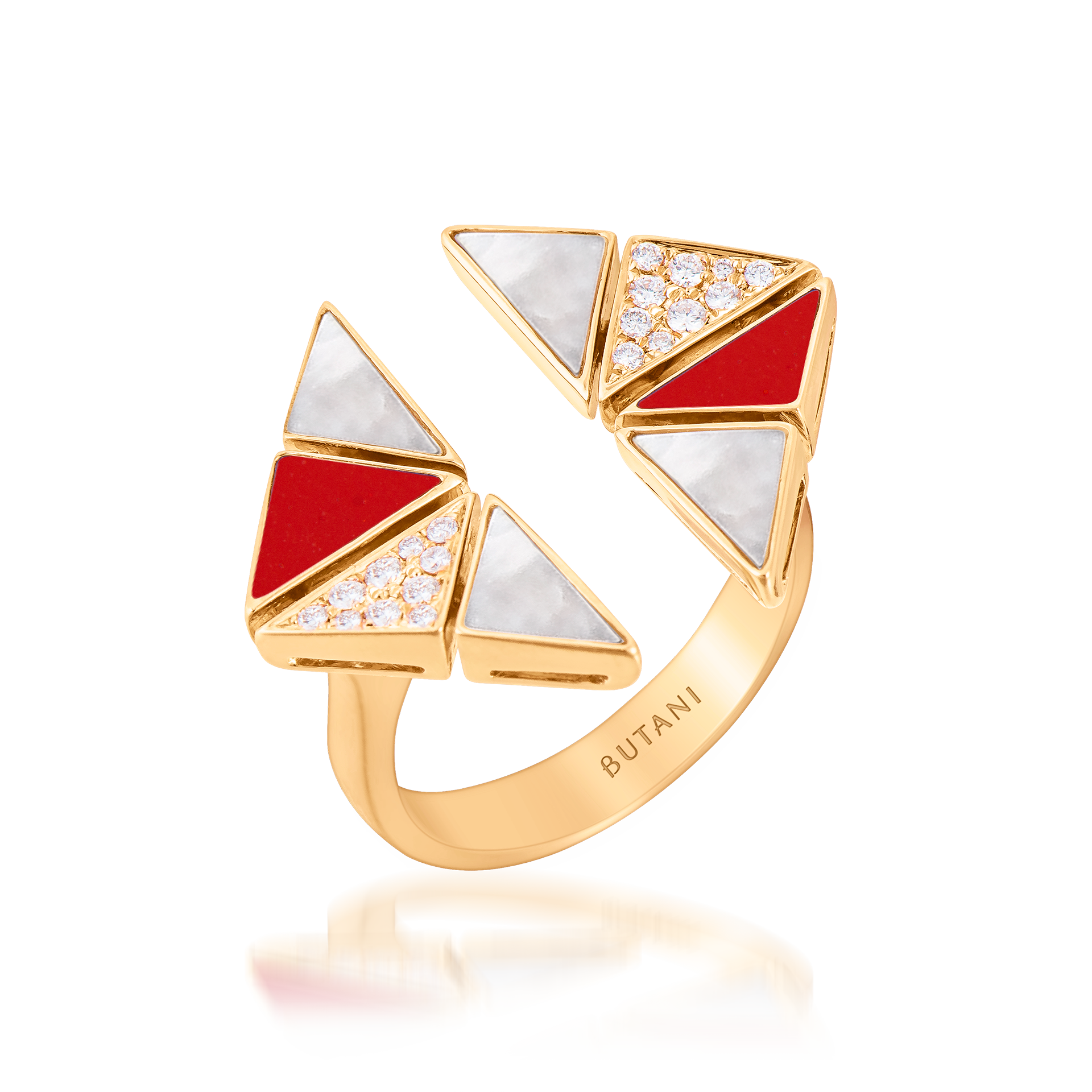 Deco Vertex Ring with Red Coral, White Mother of Pearl & Diamonds  In 18K Yellow Gold
