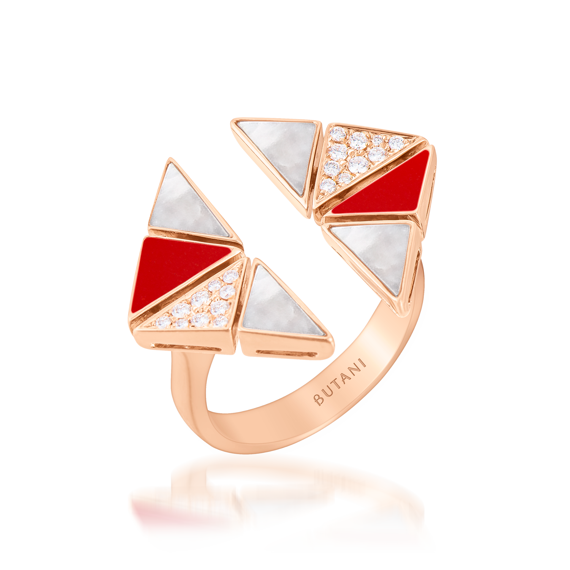 Deco Vertex Ring with Red Coral, White Mother of Pearl & Diamonds  In 18K Rose Gold