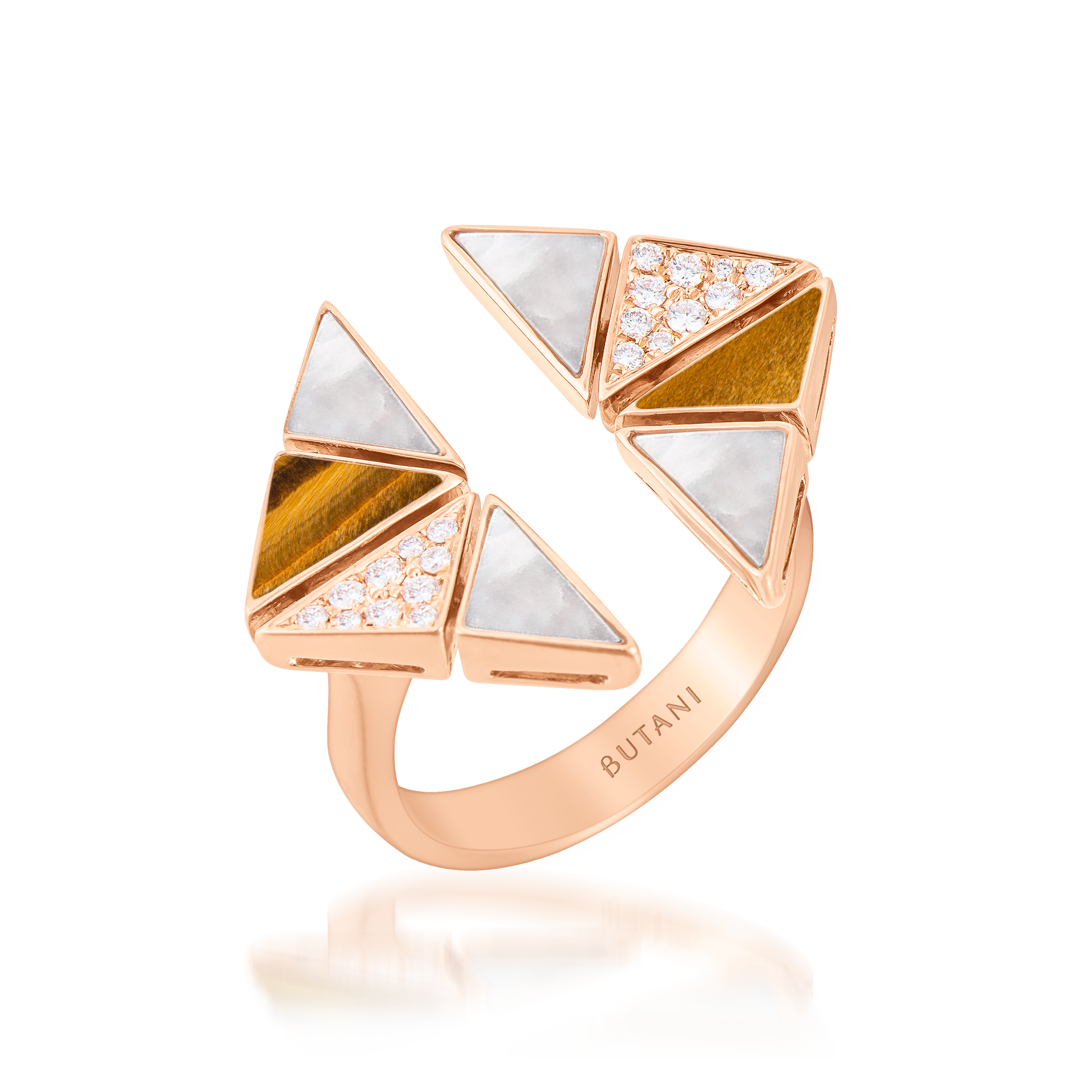 Deco Vertex Ring with Tiger Eye, White Mother of Pearl & Diamonds  In 18K Rose Gold