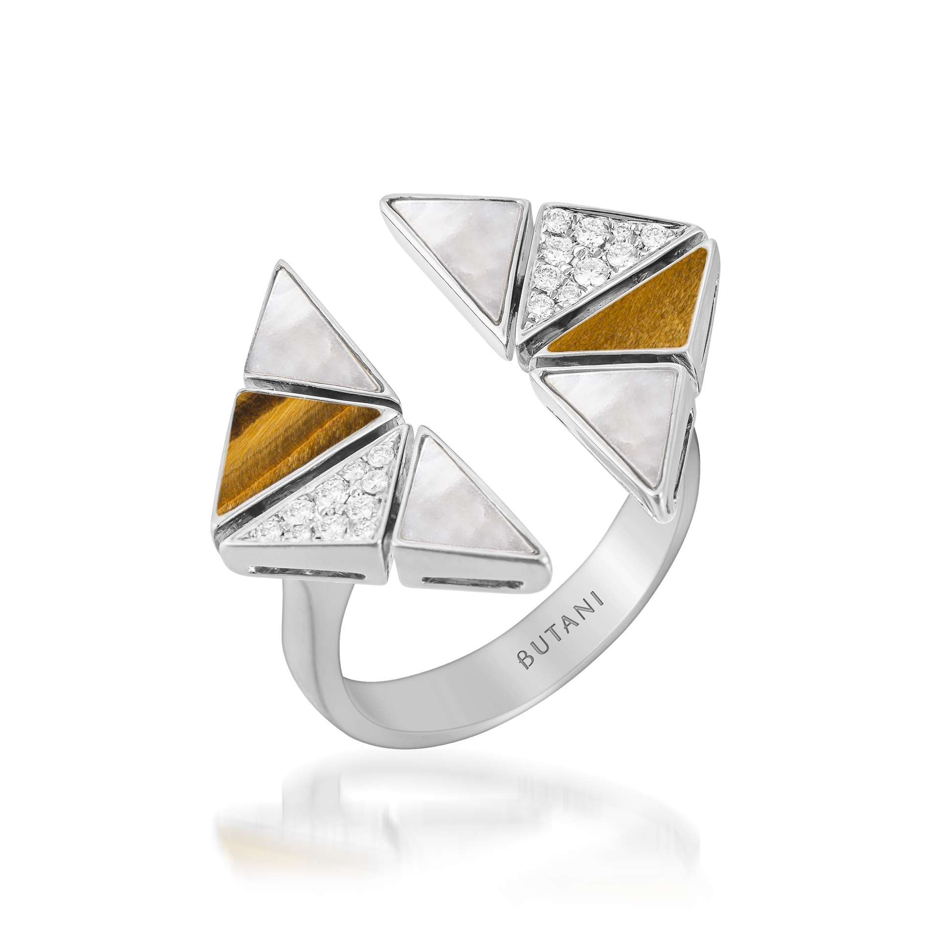 Deco Vertex Ring with Tiger Eye, White Mother of Pearl & Diamonds  In 18K White Gold