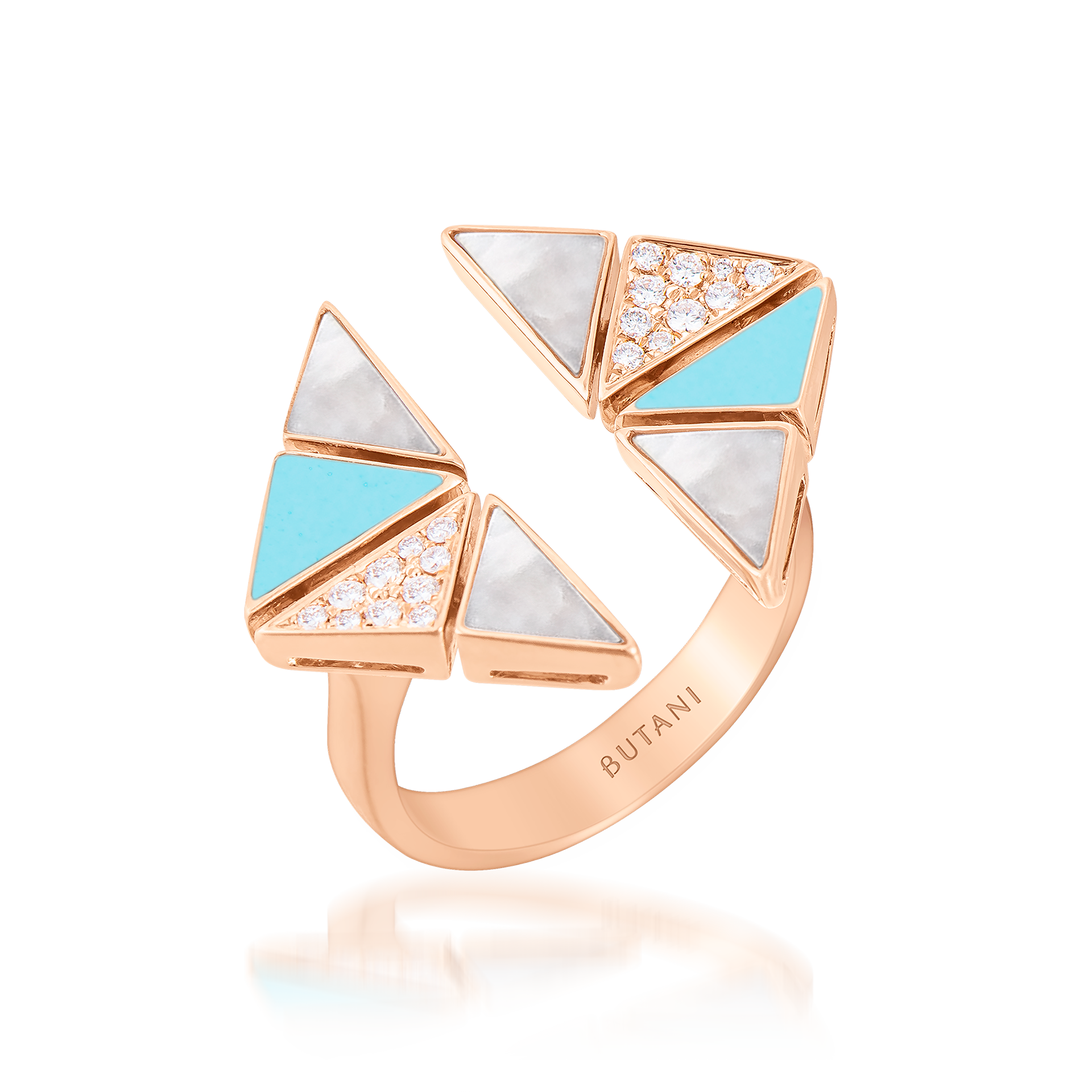 Deco Vertex Ring with Turquoise, White Mother of Pearl & Diamonds  In 18K Rose Gold