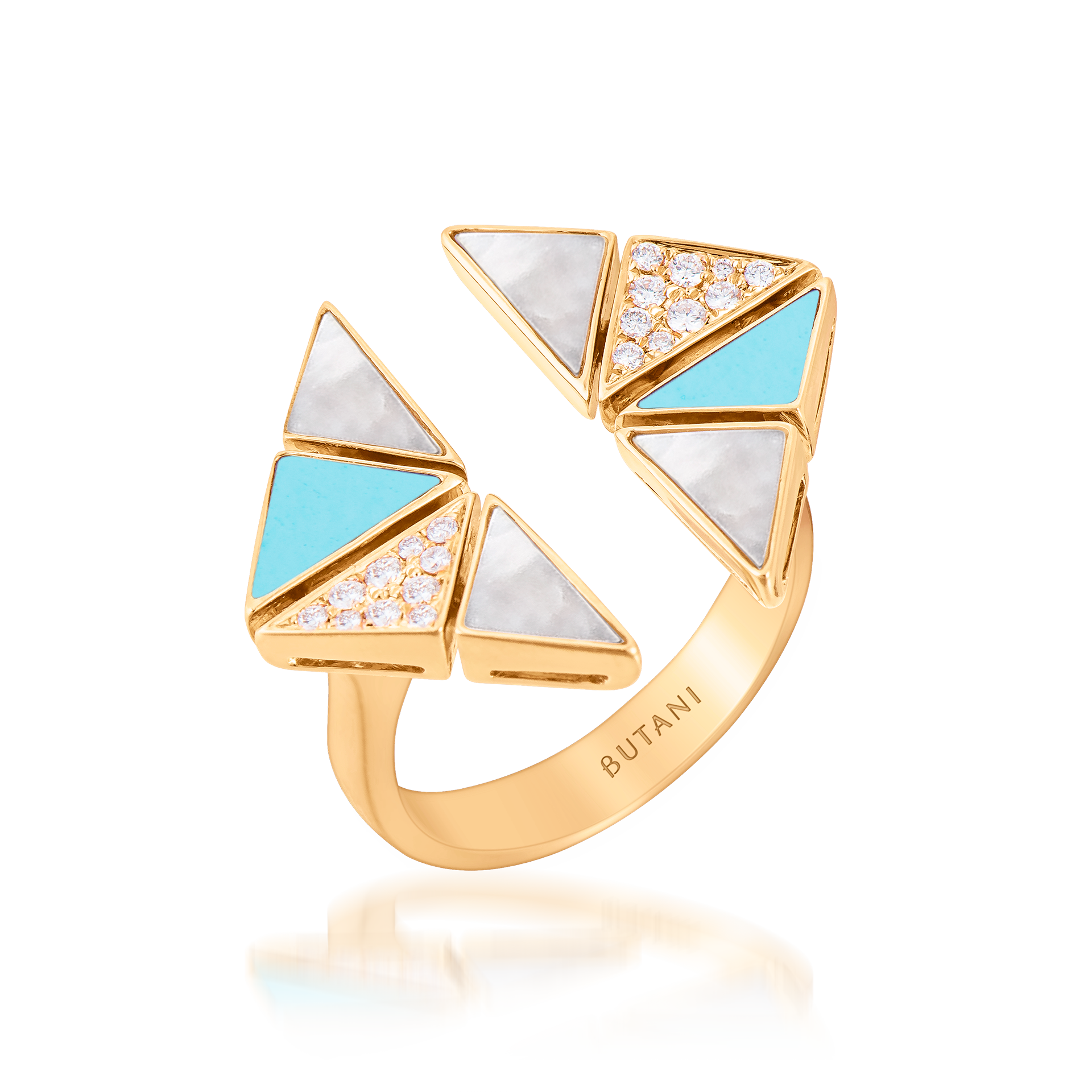 Deco Vertex Ring with Turquoise, White Mother of Pearl & Diamonds  In 18K Yellow Gold