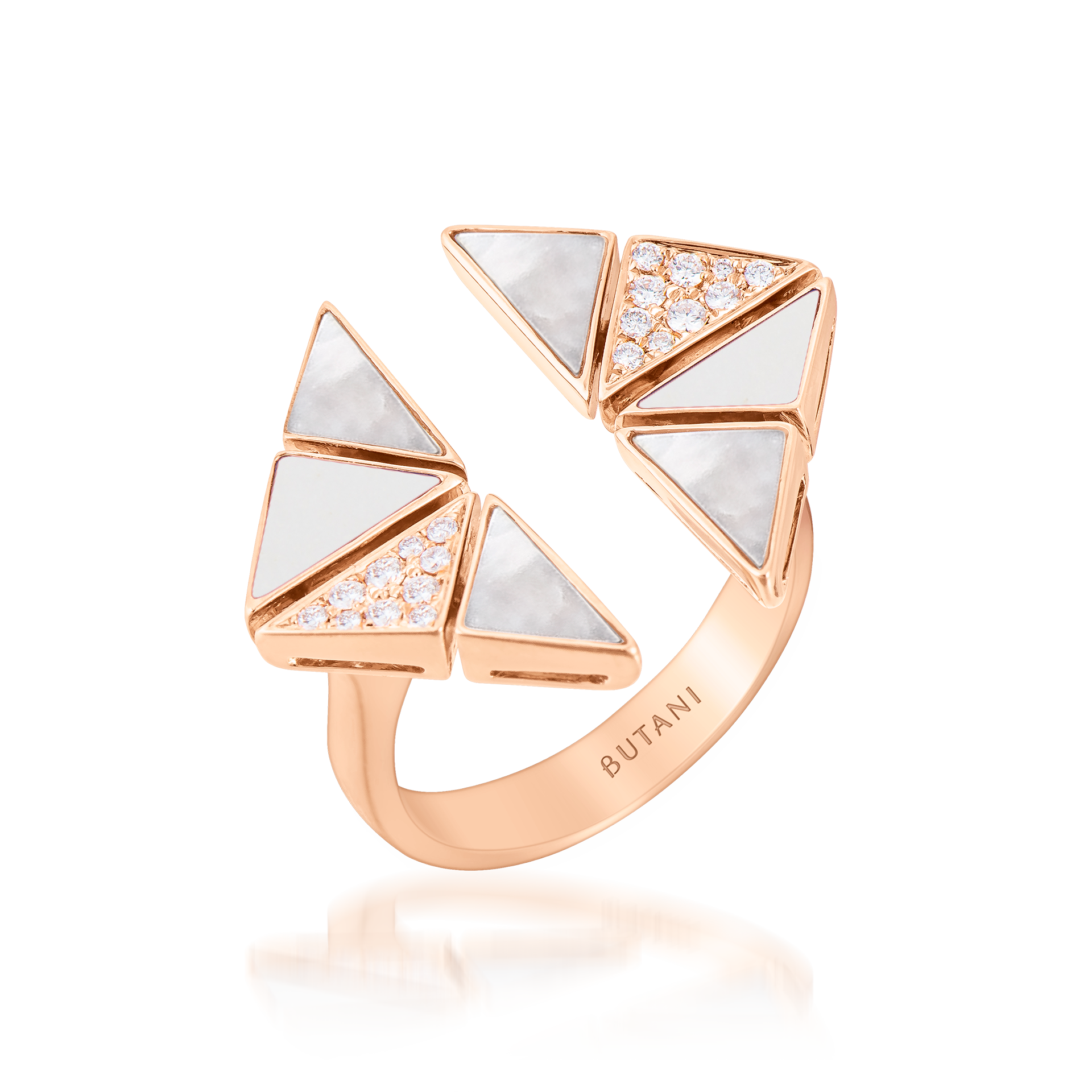 Deco Vertex Ring with White Agate, White Mother of Pearl & Diamonds  In 18K Rose Gold