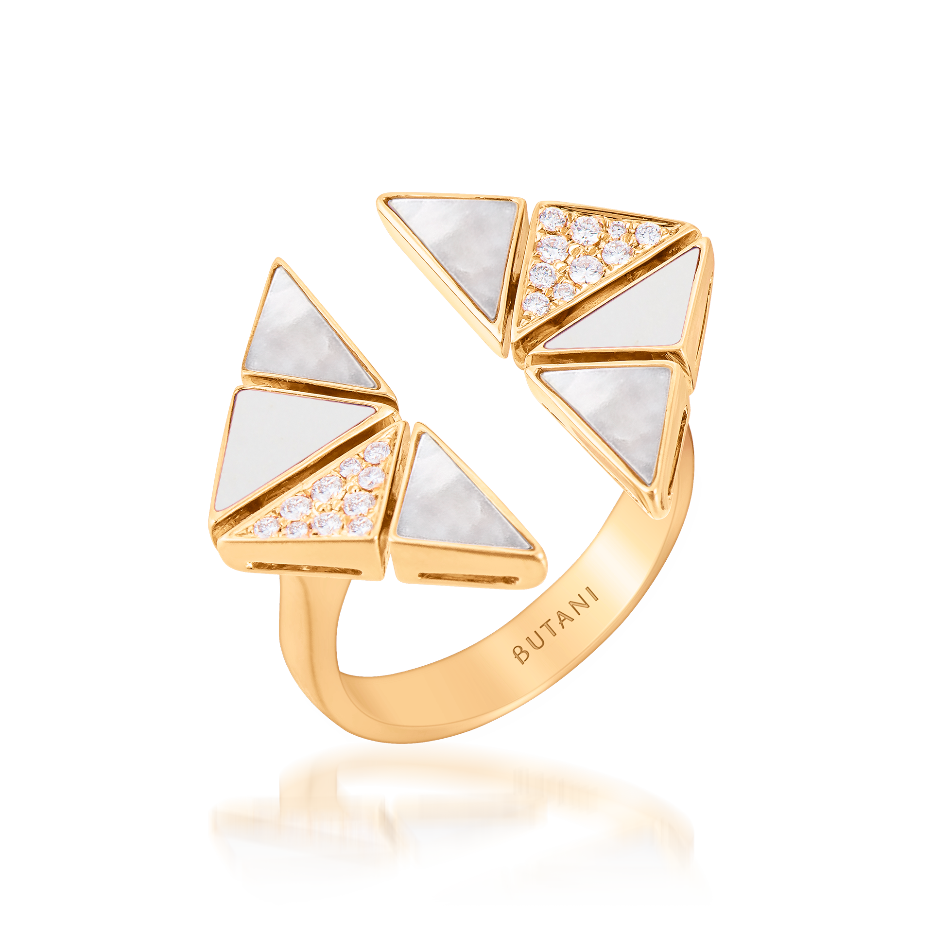 Deco Vertex Ring with White Agate, White Mother of Pearl & Diamonds  In 18K Yellow Gold