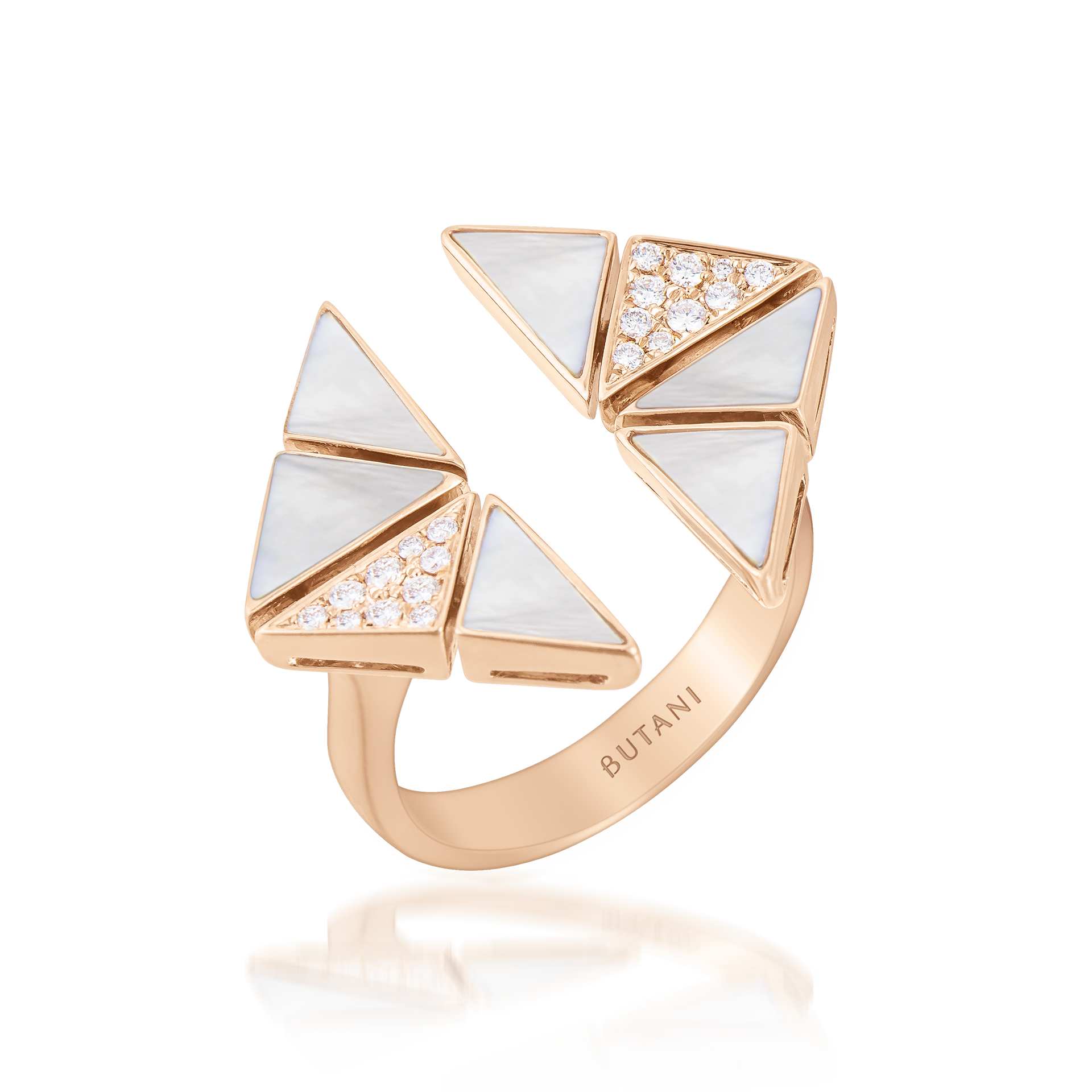 Deco Vertex Ring with White Mother of Pearl & Diamonds  In 18K Rose Gold