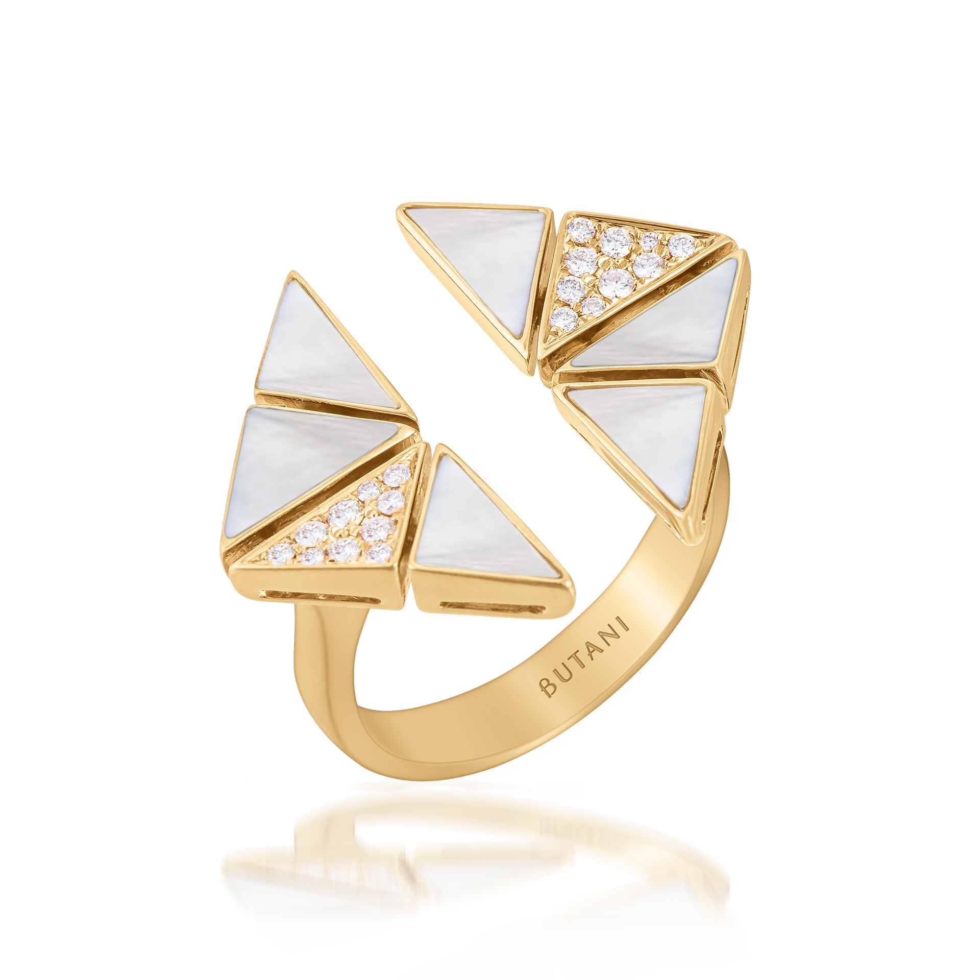 Deco Vertex Ring with White Mother of Pearl & Diamonds  In 18K Yellow Gold