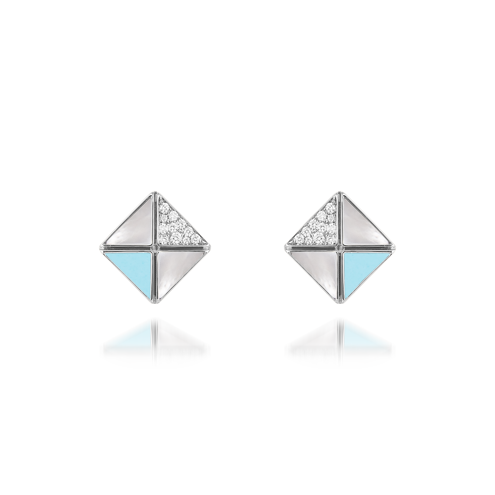 Deco Quadratic Studs with Turquoise, White Mother of Pearl and Diamonds  In 18K White Gold