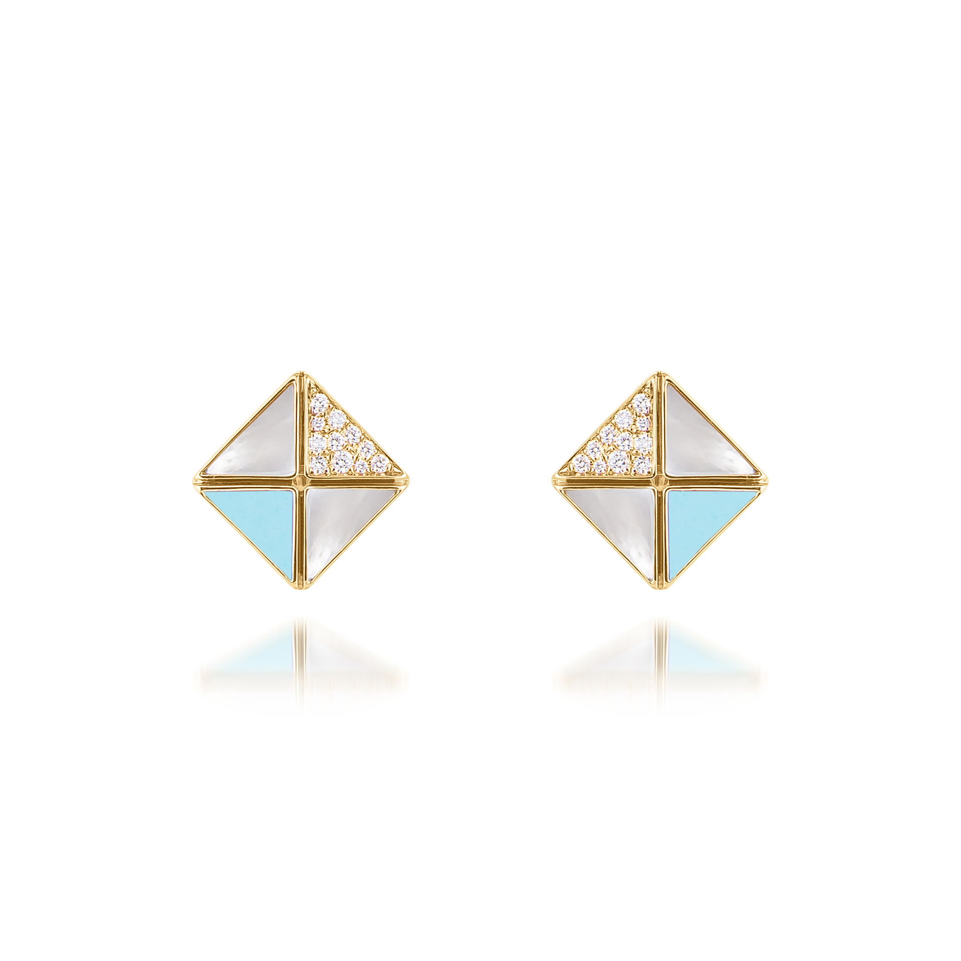 Deco Quadratic Studs with Turquoise, White Mother of Pearl and Diamonds  In 18K Yellow Gold