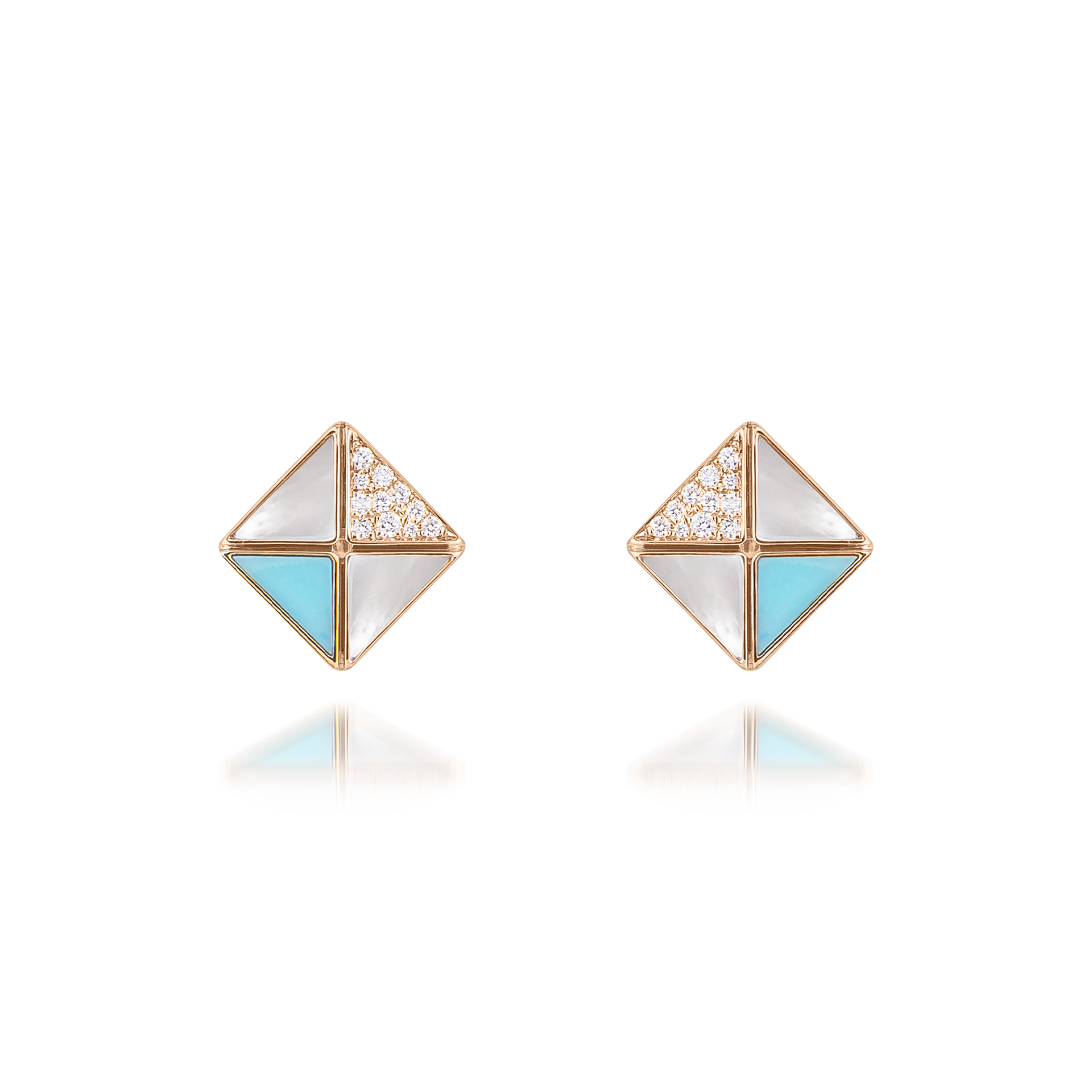 Deco Quadratic Studs with Turquoise, White Mother of Pearl and Diamonds  In 18K Rose Gold