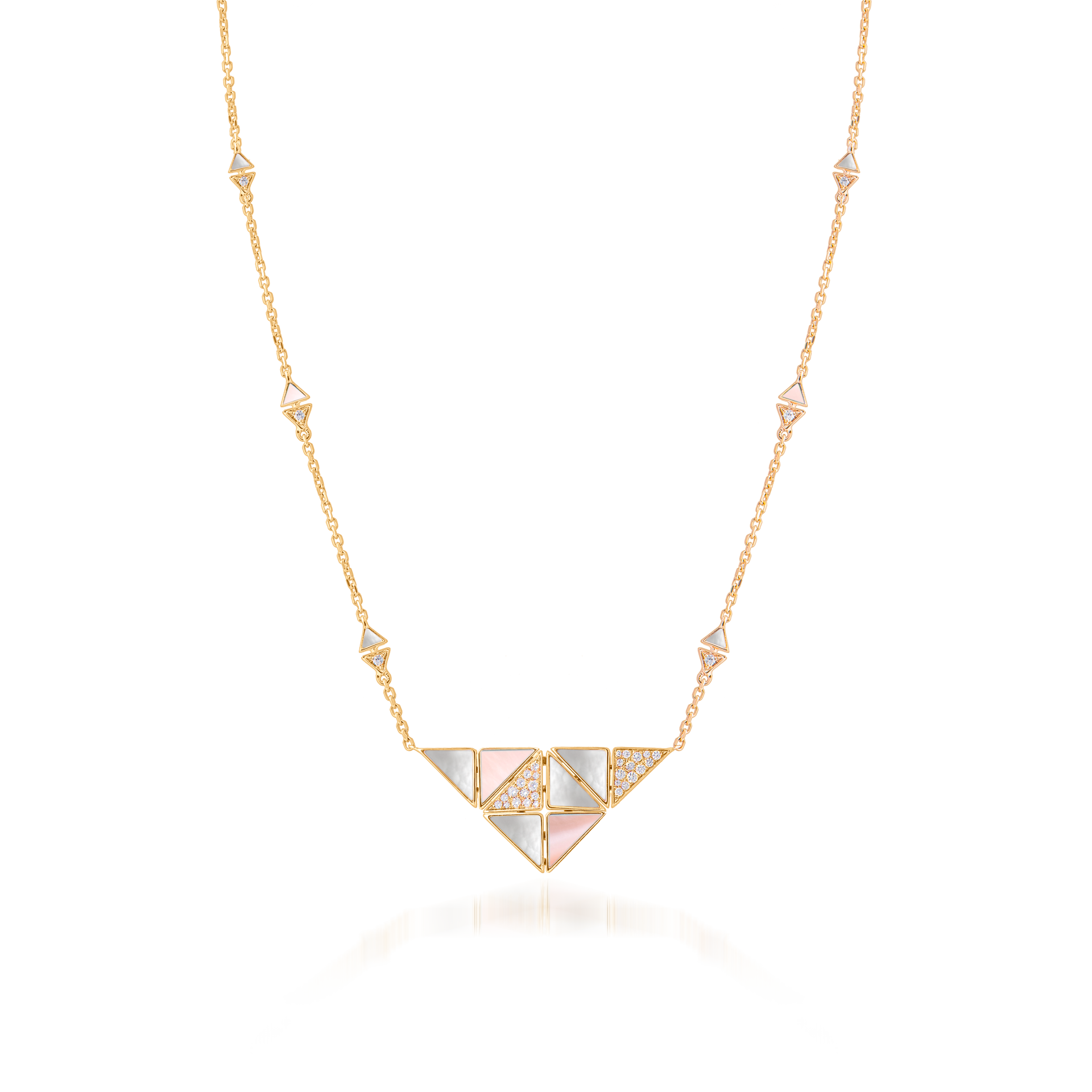 Deco Quadratic Necklace with Pink Mother of Pearl, White Mother of Pearl and Diamonds  In 18K Yellow Gold