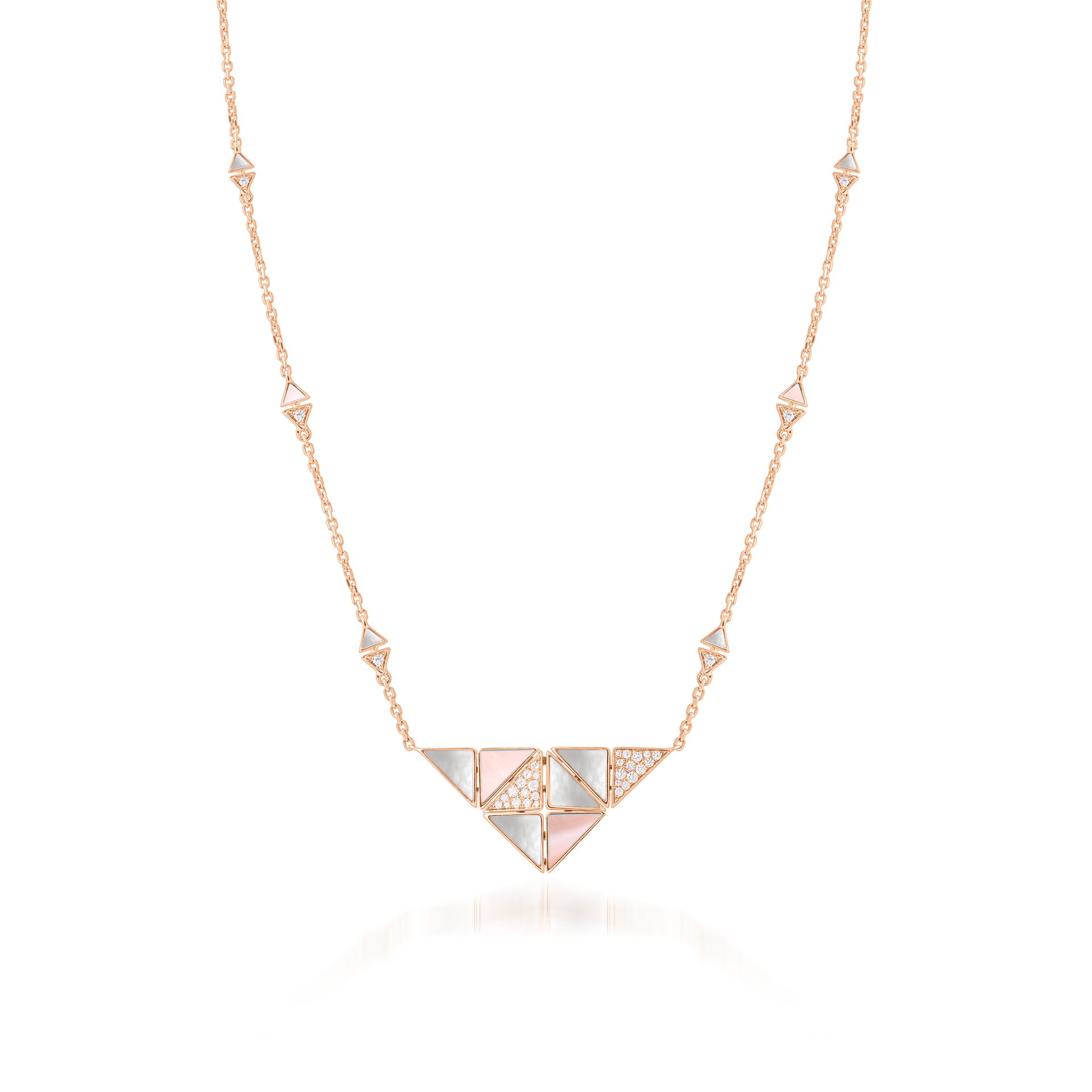 Deco Quadratic Necklace with Pink Mother of Pearl, White Mother of Pearl and Diamonds  In 18K Rose Gold