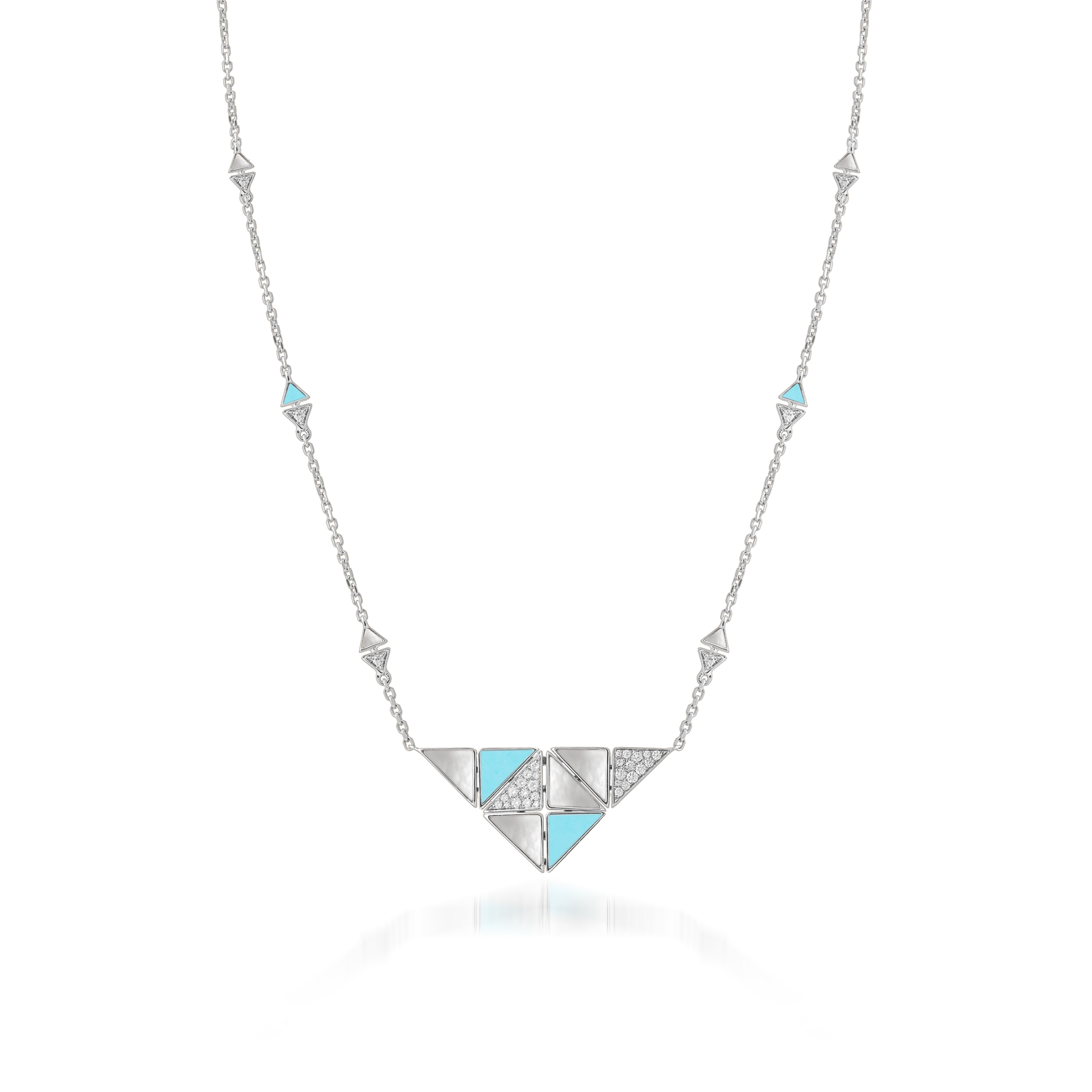 Deco Quadratic Necklace with Turquoise, White Mother of Pearl and Diamonds  In 18K White Gold