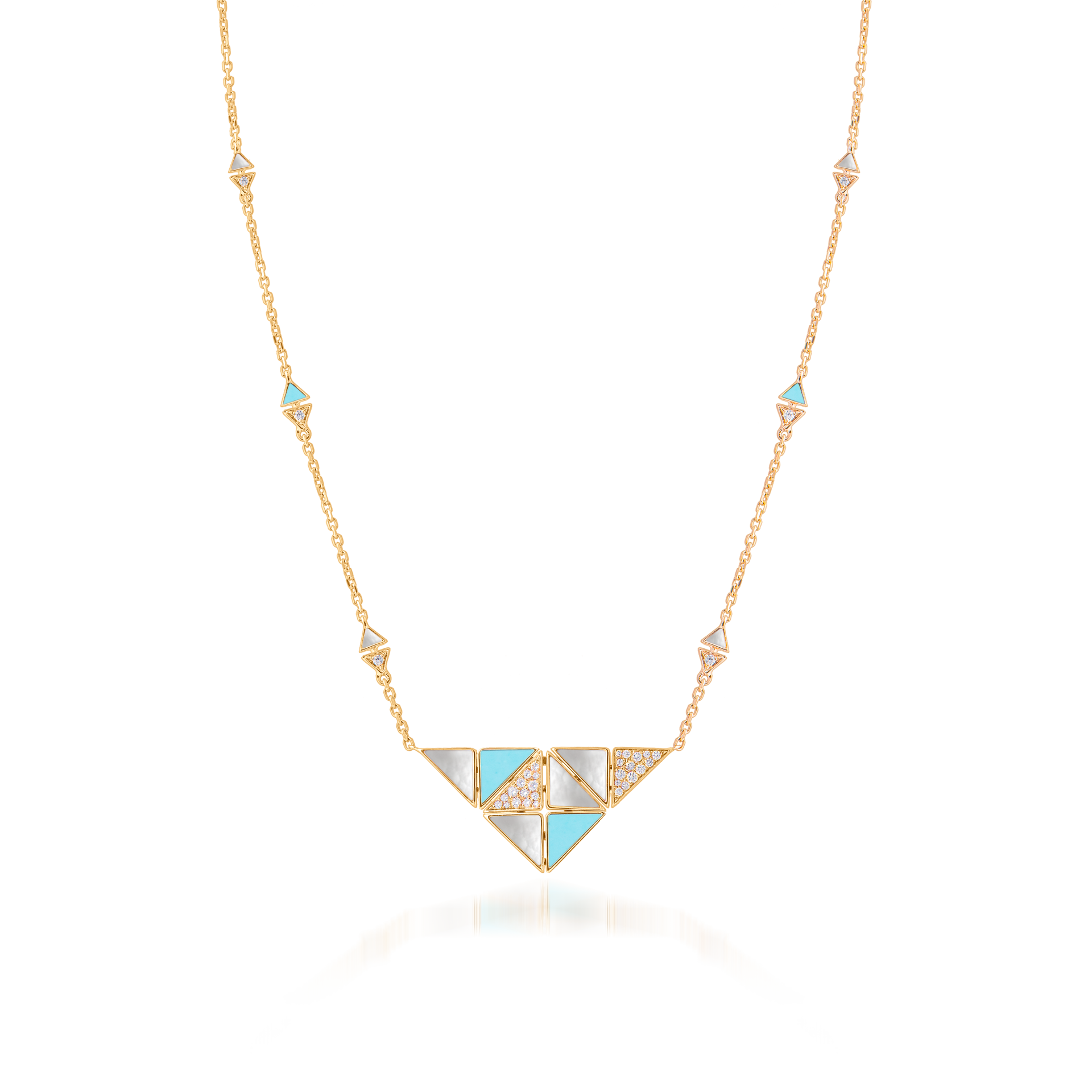 Deco Quadratic Necklace with Turquoise, White Mother of Pearl and Diamonds  In 18K Yellow Gold