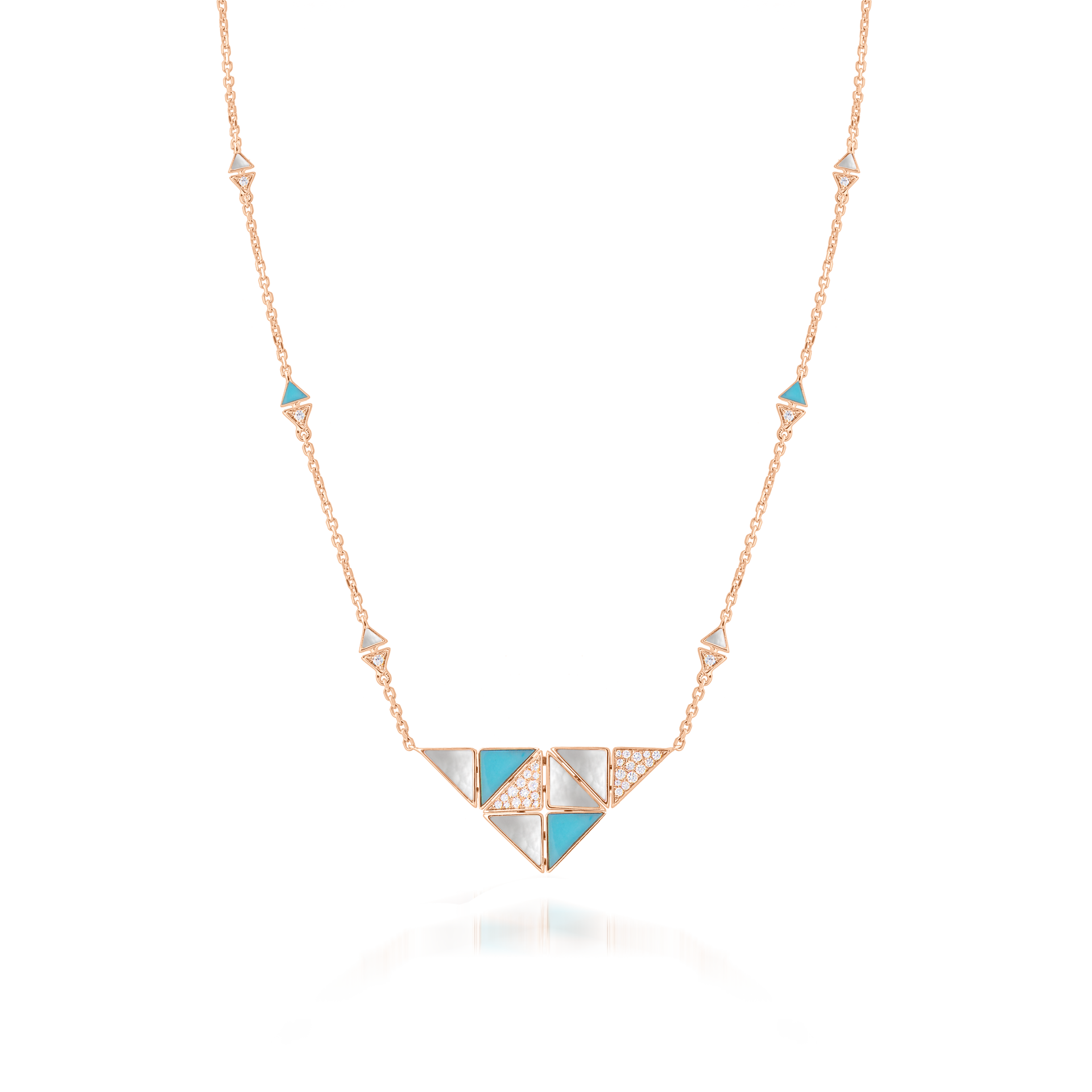 Deco Quadratic Necklace with Turquoise, White Mother of Pearl and Diamonds  In 18K Rose Gold