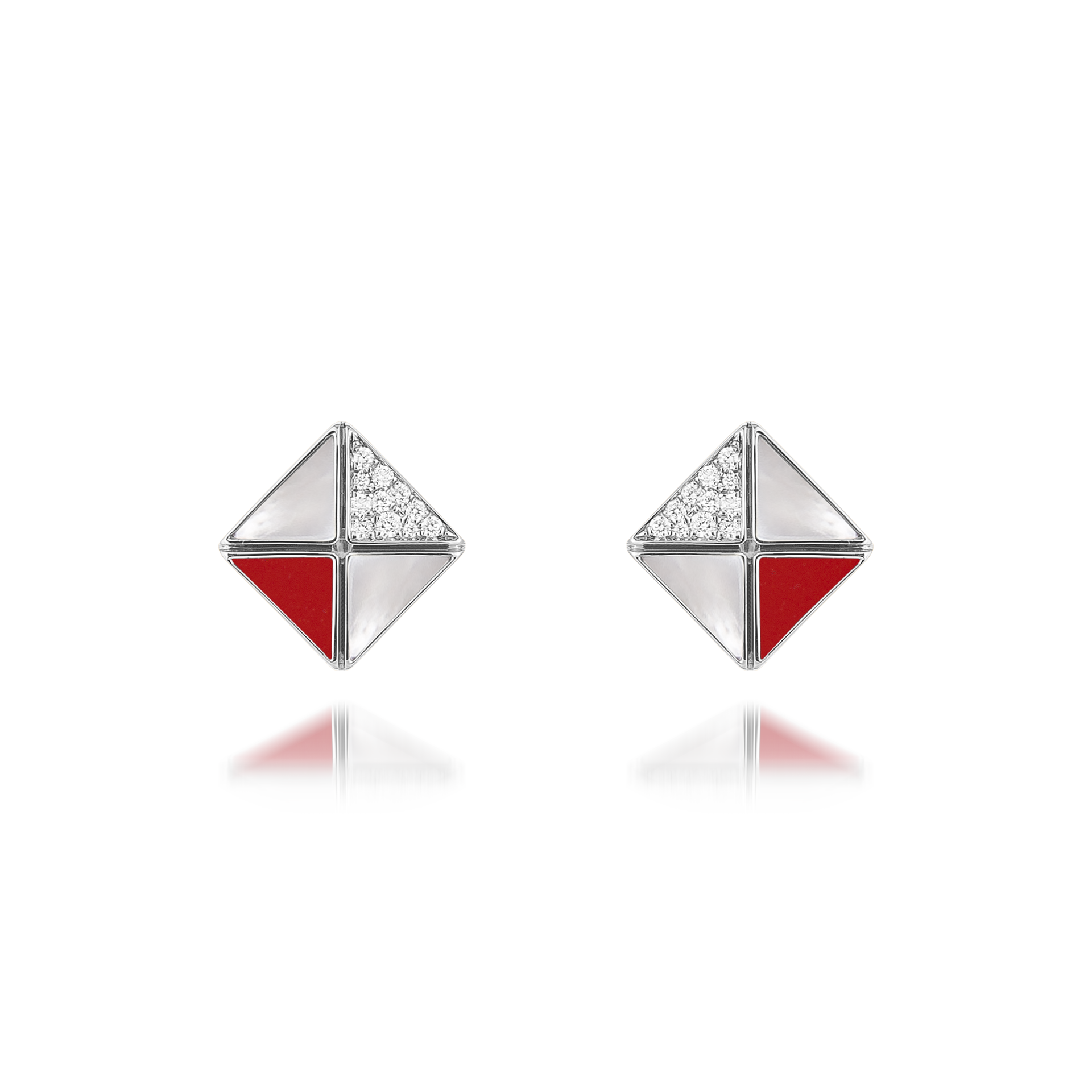 Deco Quadratic Studs with Red Coral, White Mother of Pearl and Diamonds  In 18K White Gold