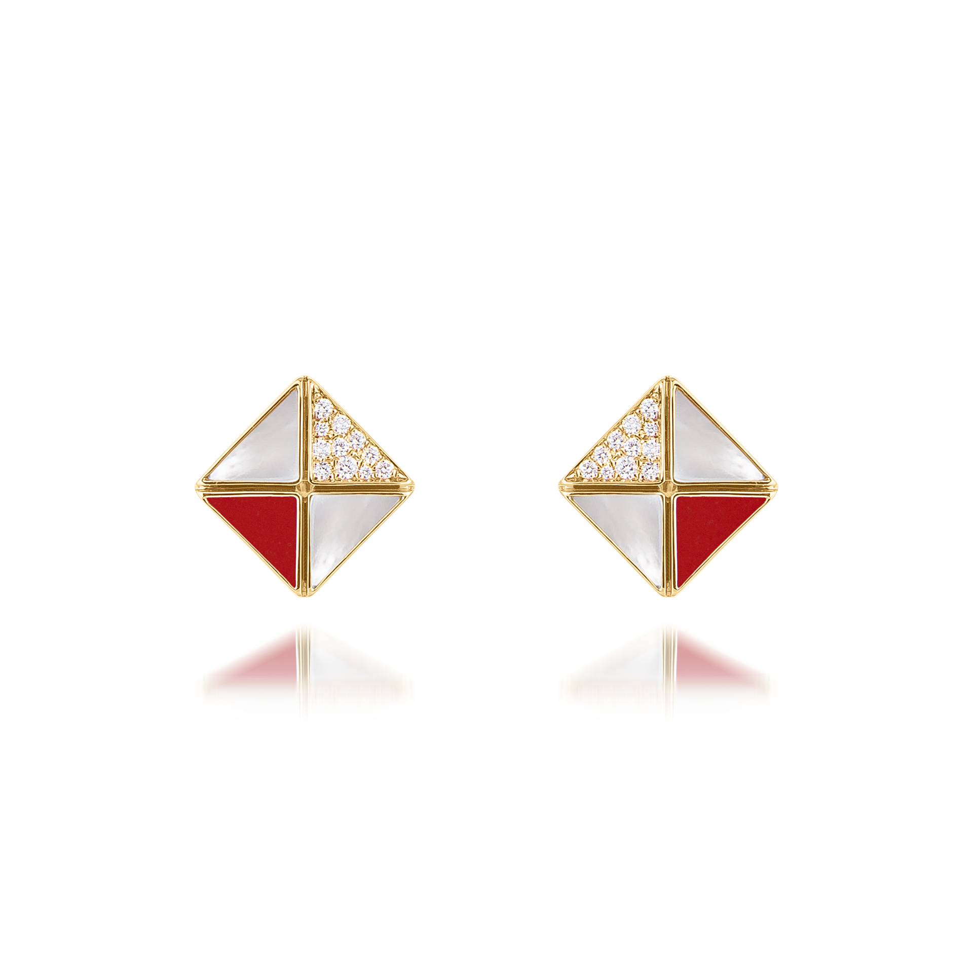 Deco Quadratic Studs with Red Coral, White Mother of Pearl and Diamonds  In 18K Yellow Gold