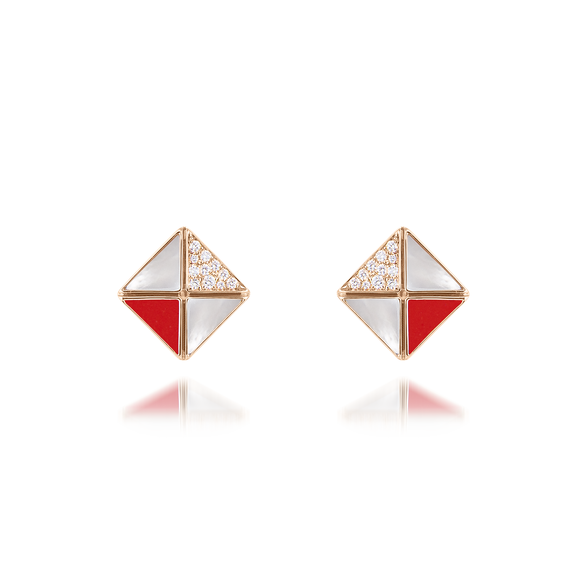 Deco Quadratic Studs with Red Coral, White Mother of Pearl and Diamonds  In 18K Rose Gold