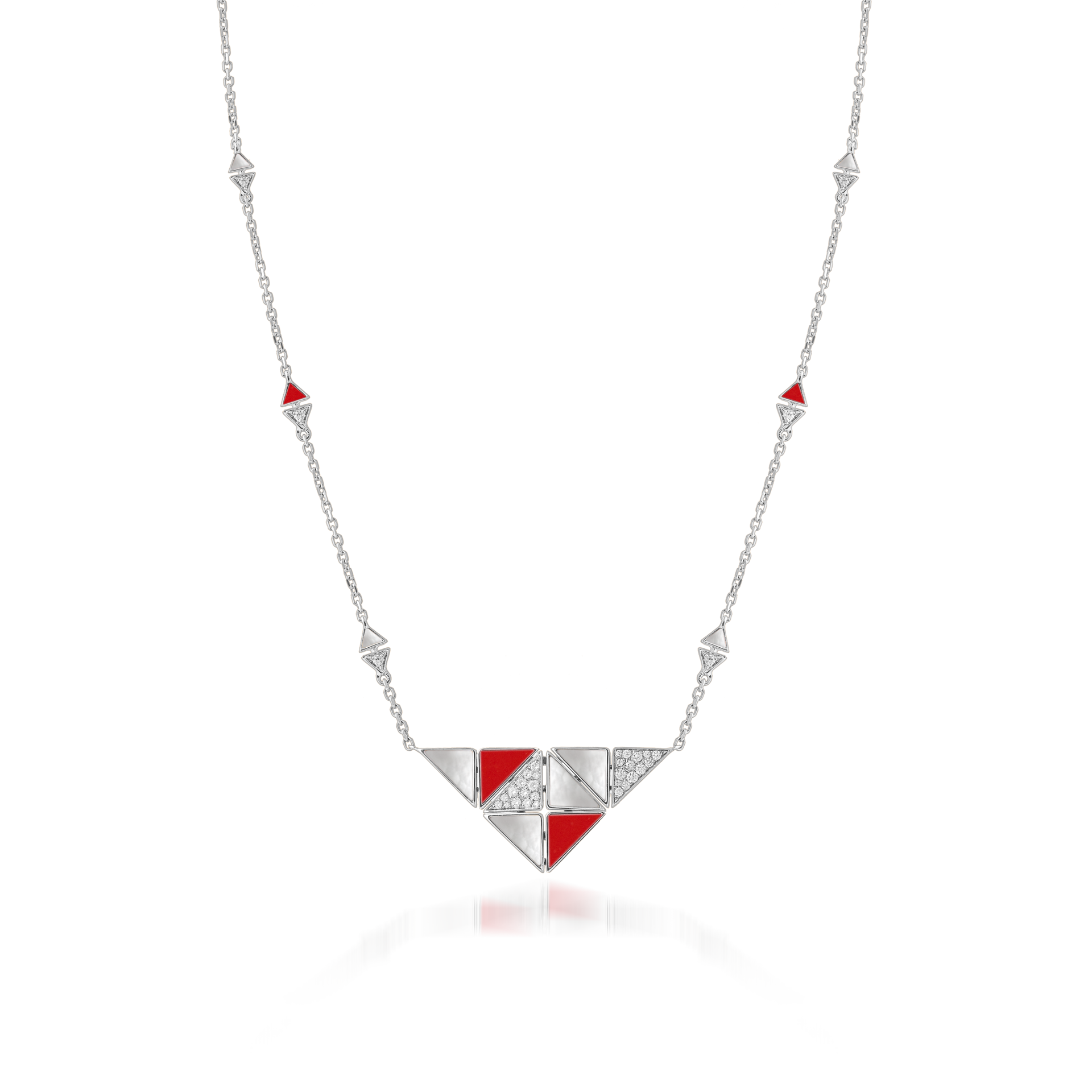 Deco Quadratic Necklace with Red Coral, White Mother of Pearl and Diamonds  In 18K White Gold