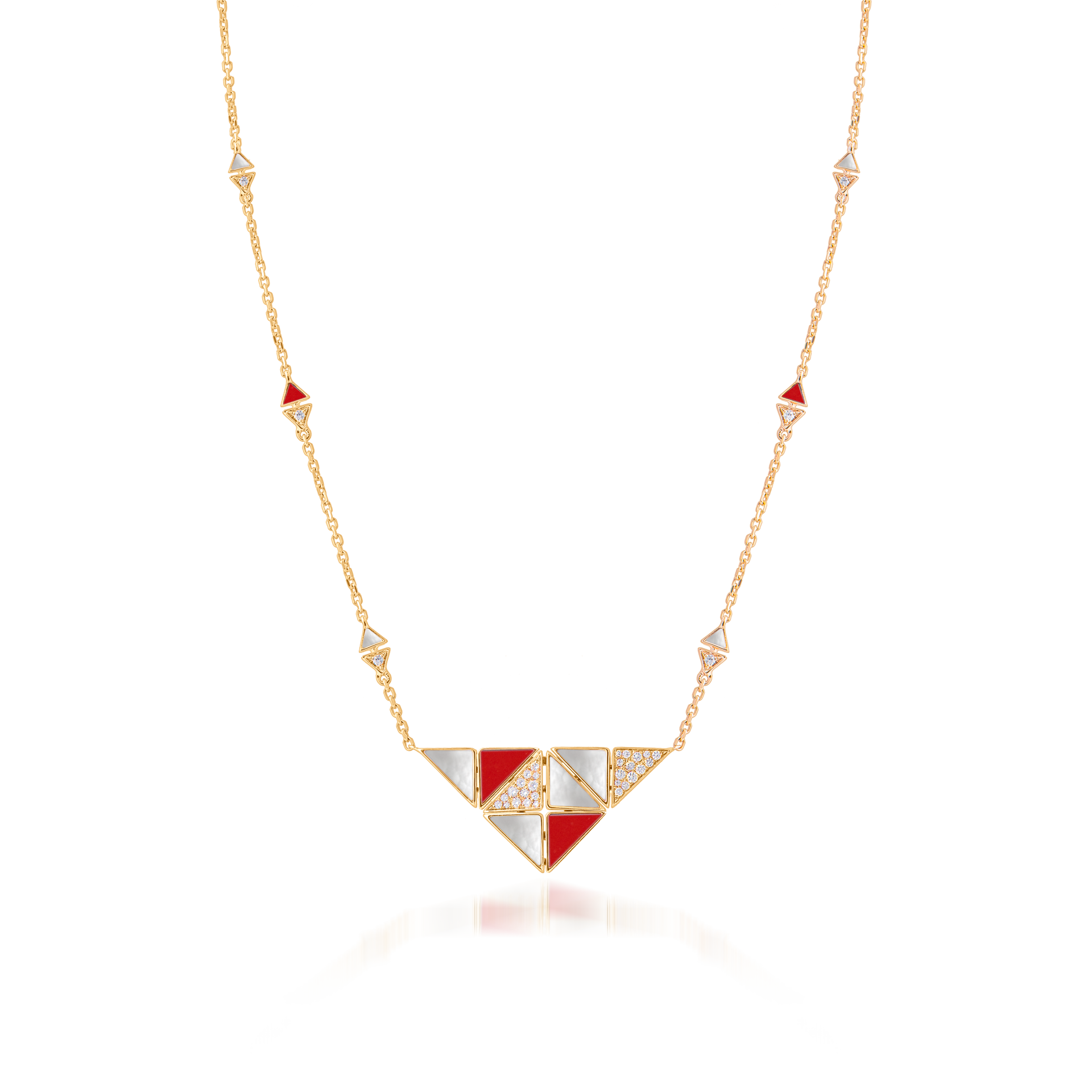 Deco Quadratic Necklace with Red Coral, White Mother of Pearl and Diamonds  In 18K Yellow Gold