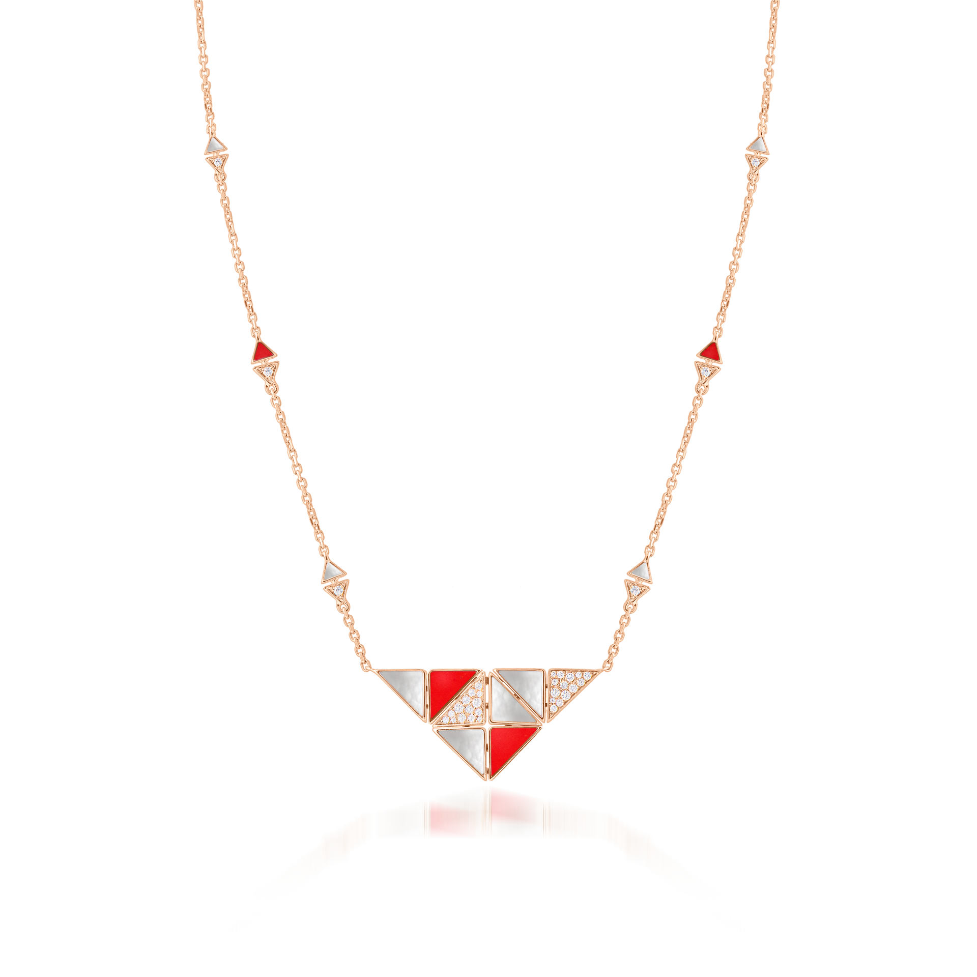 Deco Quadratic Necklace with Red Coral, White Mother of Pearl and Diamonds  In 18K Rose Gold