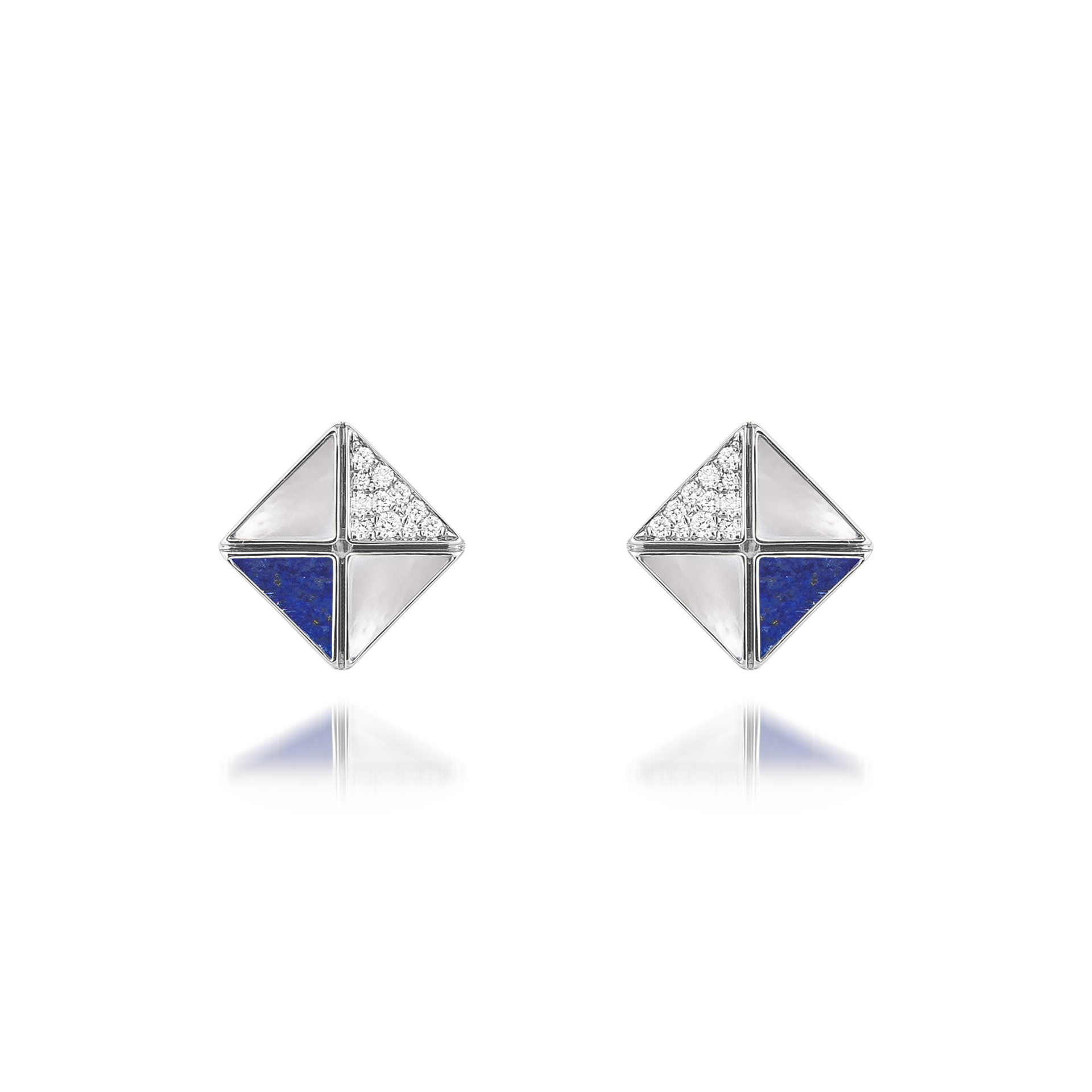 Deco Quadratic Studs with Lapis Lazuli, White Mother of Pearl and Diamonds  In 18K White Gold