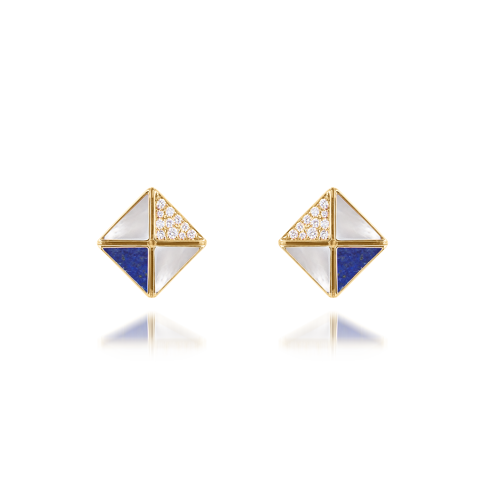 Deco Quadratic Studs with Lapis Lazuli, White Mother of Pearl and Diamonds  In 18K Yellow Gold