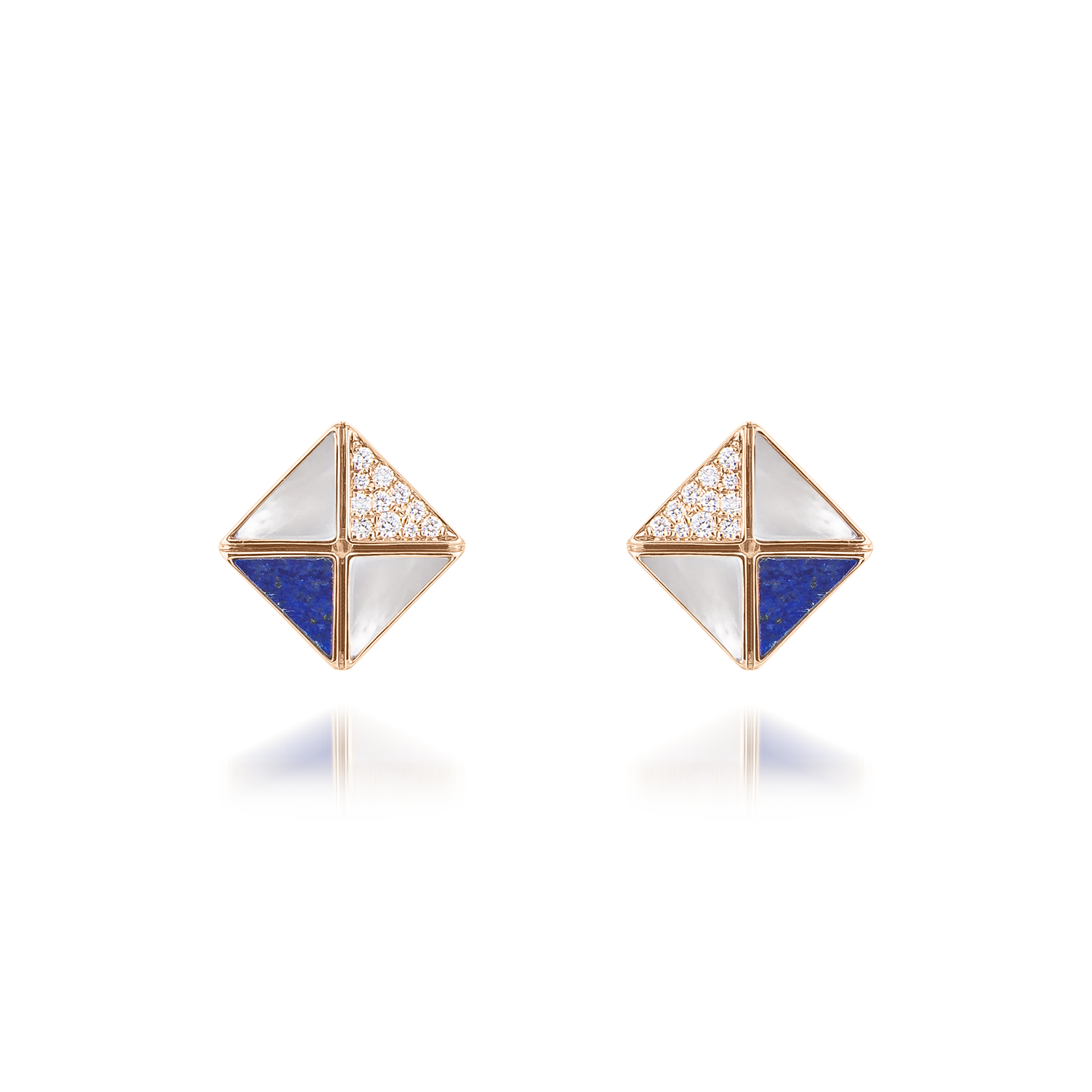 Deco Quadratic Studs with Lapis Lazuli, White Mother of Pearl and Diamonds  In 18K Rose Gold