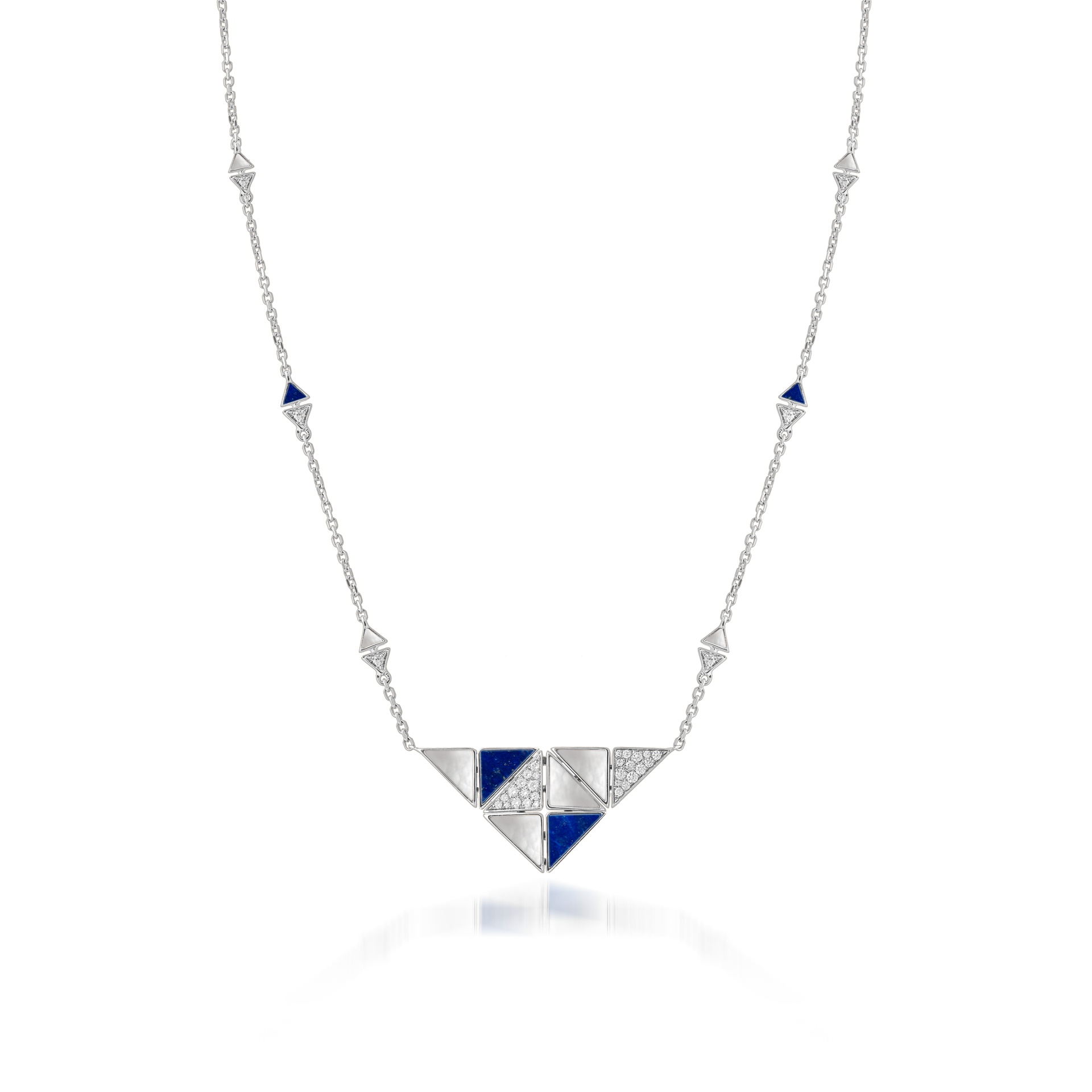 Deco Quadratic Necklace with Lapis Lazuli, White Mother of Pearl and Diamonds  In 18K White Gold