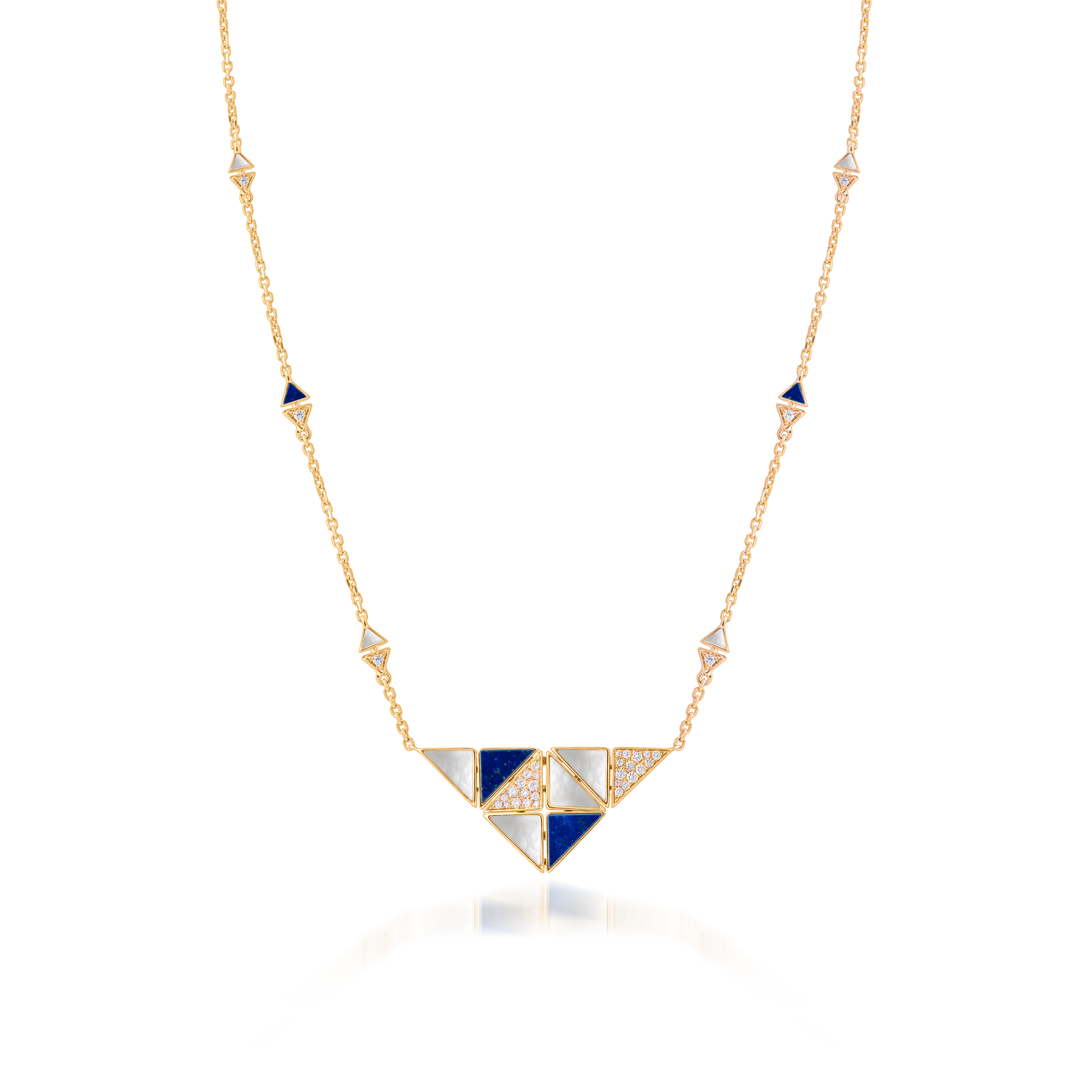 Deco Quadratic Necklace with Lapis Lazuli, White Mother of Pearl and Diamonds  In 18K Yellow Gold