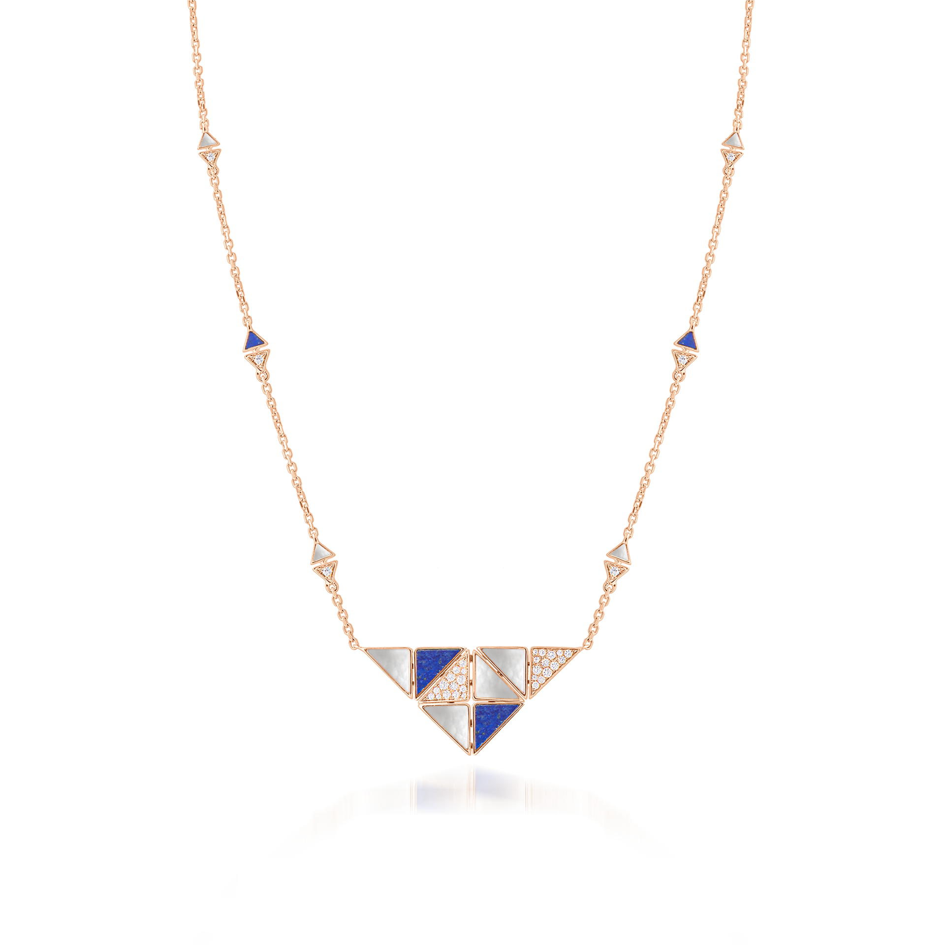 Deco Quadratic Necklace with Lapis Lazuli, White Mother of Pearl and Diamonds  In 18K Rose Gold