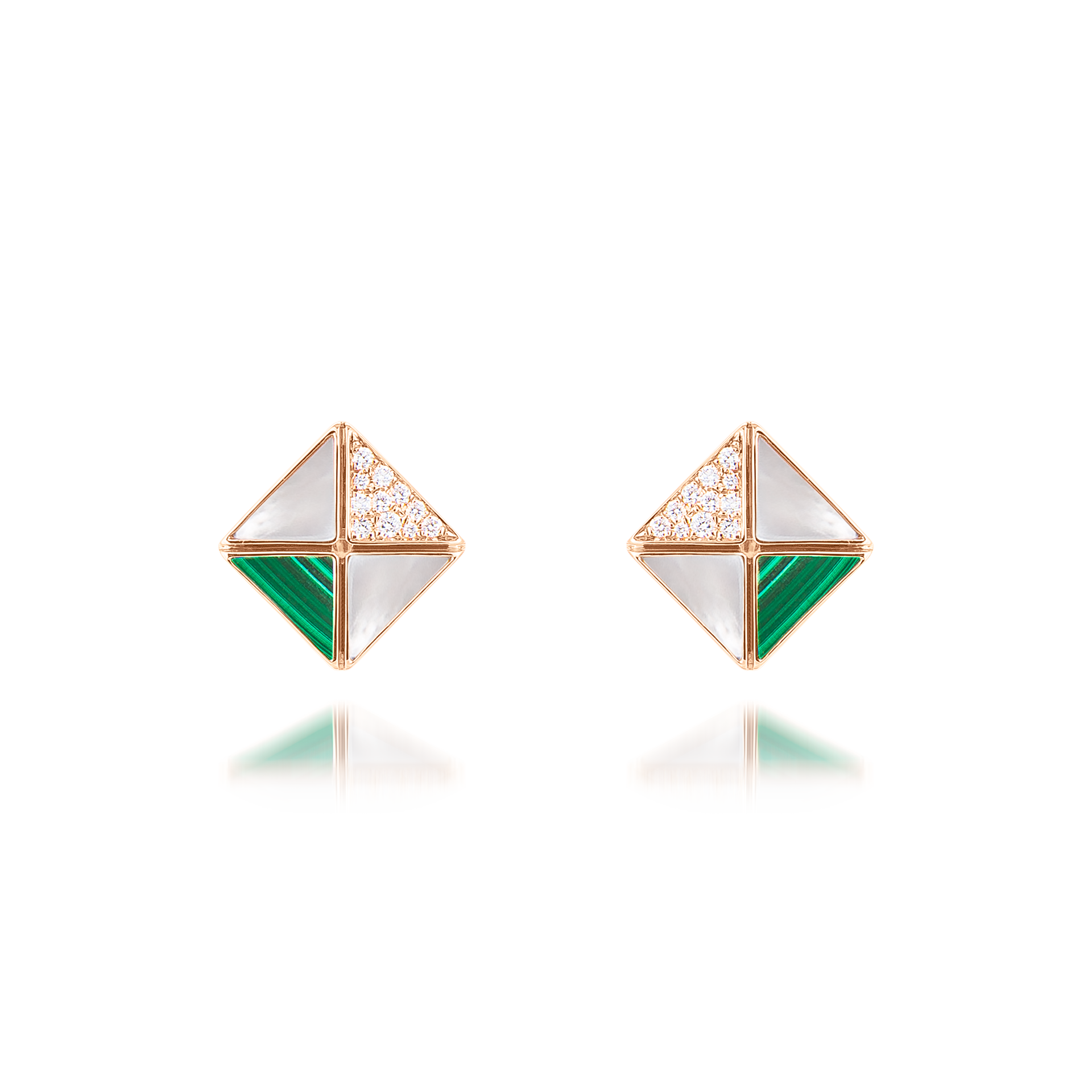 Deco Quadratic Studs with Malachite, White Mother of Pearl and Diamonds  In 18K Rose Gold