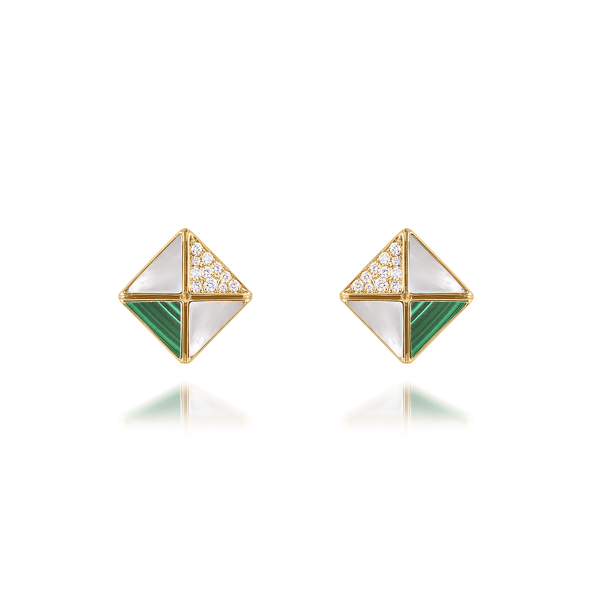 Deco Quadratic Studs with Malachite, White Mother of Pearl and Diamonds  In 18K Yellow Gold