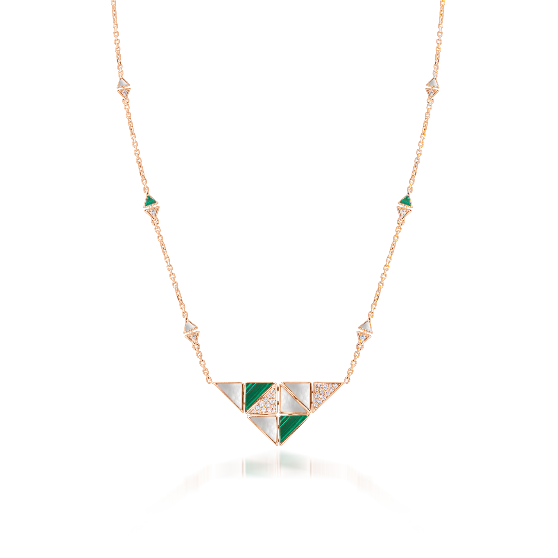 Deco Quadratic Necklace with Malachite, White Mother of Pearl and Diamonds  In 18K Rose Gold