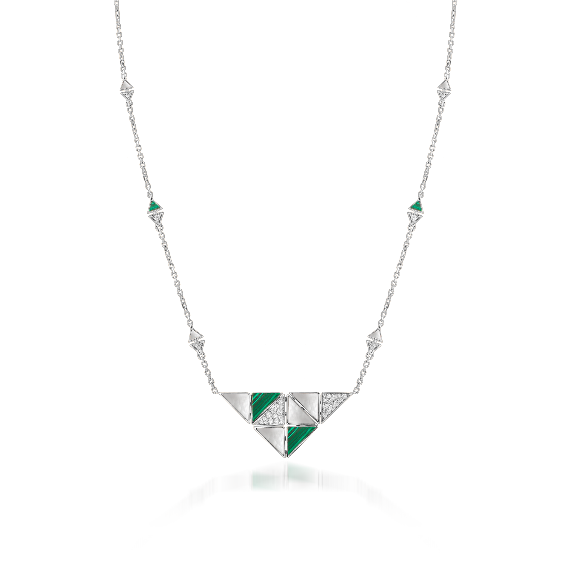 Deco Quadratic Necklace with Malachite, White Mother of Pearl and Diamonds  In 18K White Gold