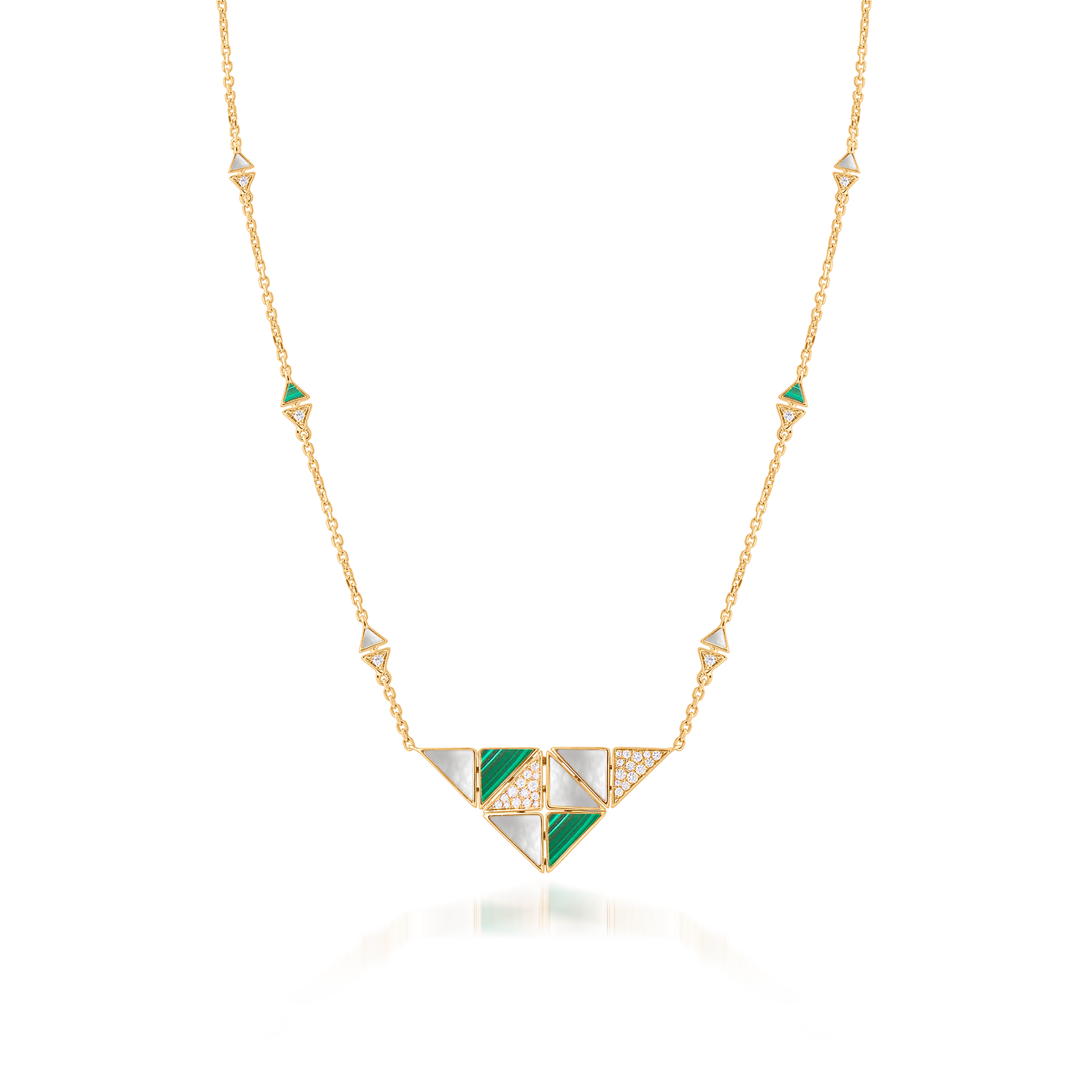 Deco Quadratic Necklace with Malachite, White Mother of Pearl and Diamonds  In 18K Yellow Gold