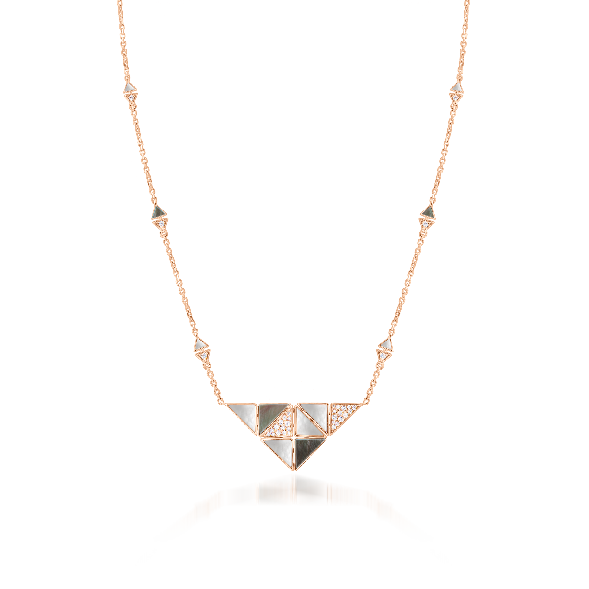 Deco Quadratic Necklace with Grey Mother of Pearl, White Mother of Pearl and Diamonds  In 18K Rose Gold