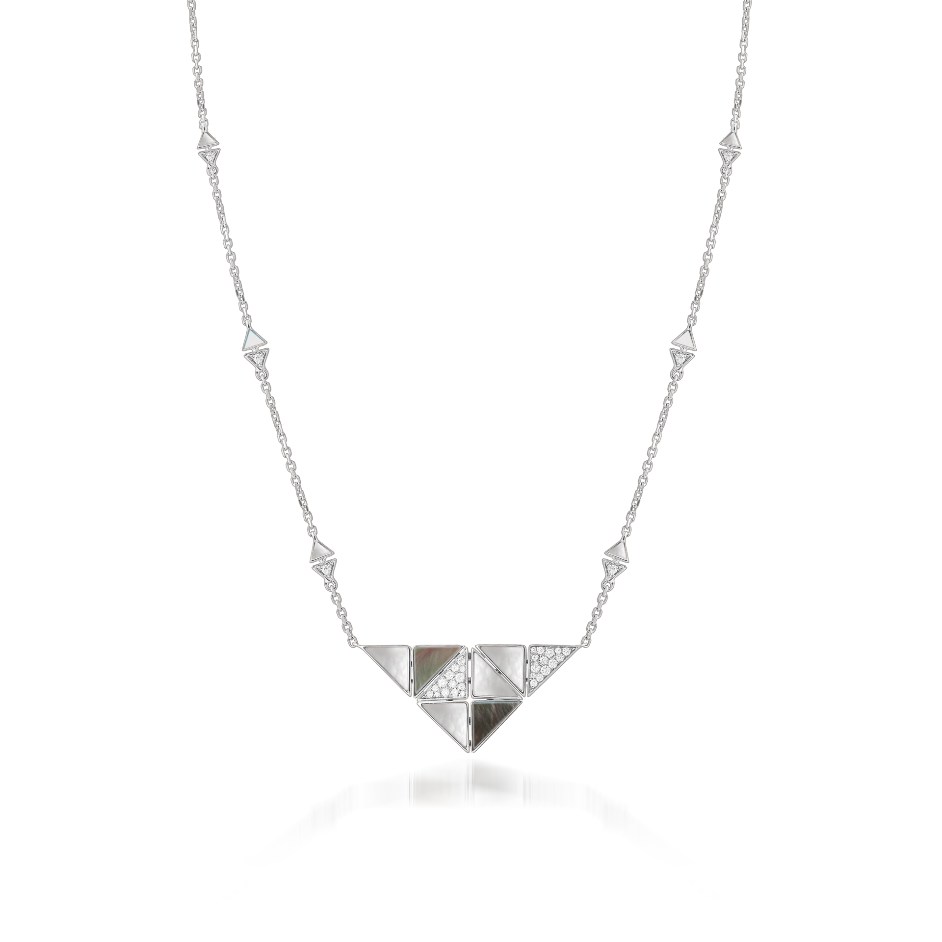 Deco Quadratic Necklace with Grey Mother of Pearl, White Mother of Pearl and Diamonds  In 18K White Gold