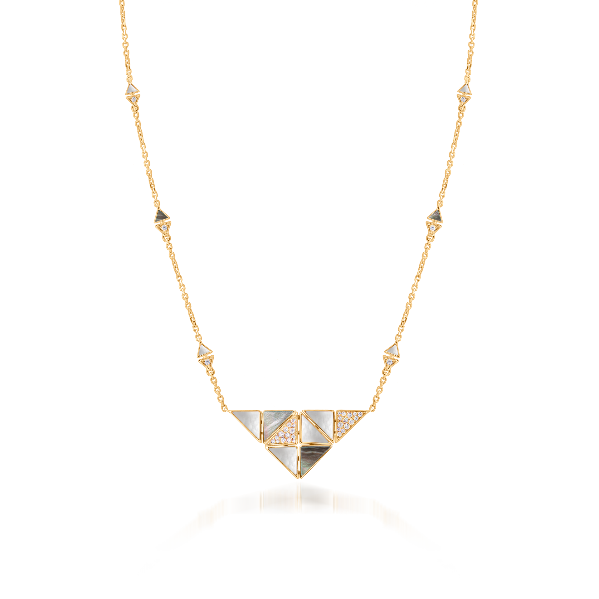 Deco Quadratic Necklace with Grey Mother of Pearl, White Mother of Pearl and Diamonds  In 18K Yellow Gold